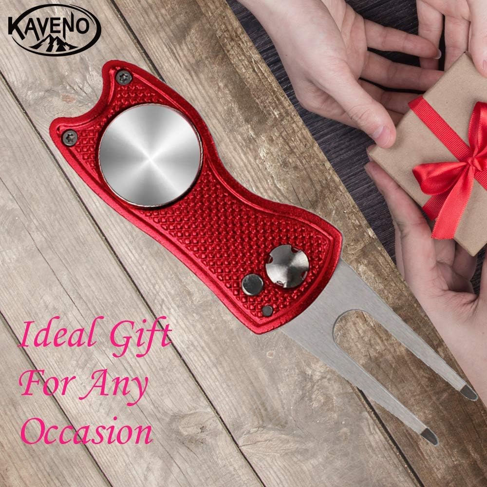 kaveno Golf Divot Repair Tool, Foldable Pop-up Button Stainless Steel Switchblade & Detachable Golf Ball Marker (Red Fish 2 Sets) : Sports & Outdoors