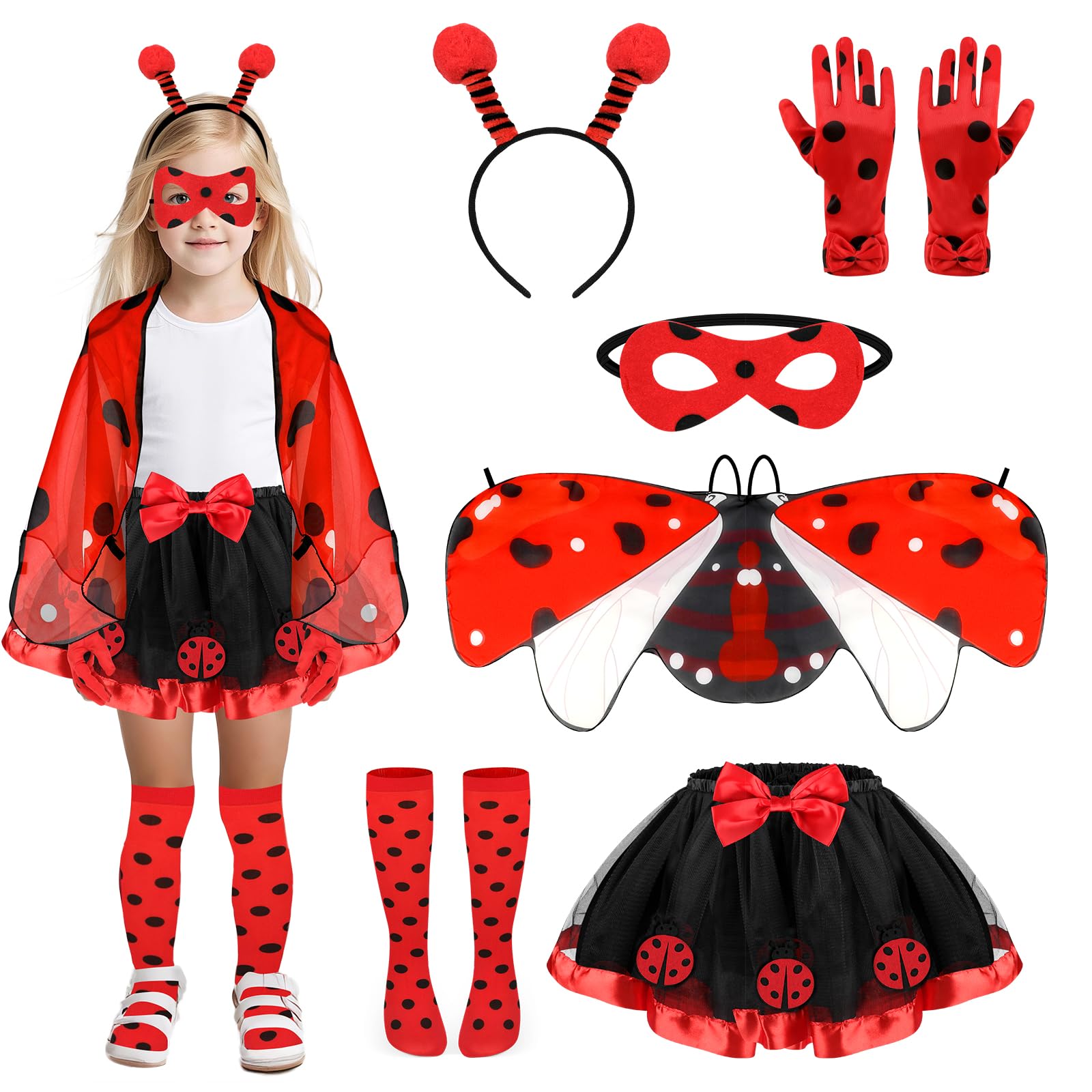 Beipegin 6 Pieces Ladybug Costume Kids,Ladybird Tutu Skirt Headband Wings Mask Gloves Socks Fairy Fancy Dress up Animal Costume for Girls Carnival Cosplay Party