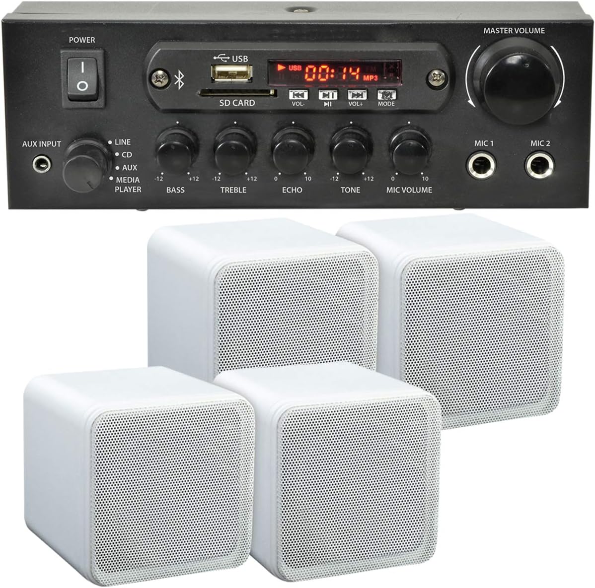 Loops SMART HOME BLUETOOTH SPEAKER SYSTEM – 4x 80W White Bookshelf Speakers & 110W Wireless Compact Amplifier *ECHO/ALEXA* - Café, Bar, Restaurant, Home Cinema Surround Sound, Mini Amp Audio HiFi Kit