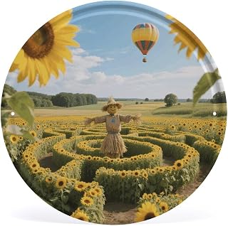 Sunflower Maze Iron Wall Art Circular Retro Tinplate Metal Hanging Picture for Porch, Farmhouse, Bathroom Decor, Modern Home & Outdoor Wall Decorations 11.8 Inch
