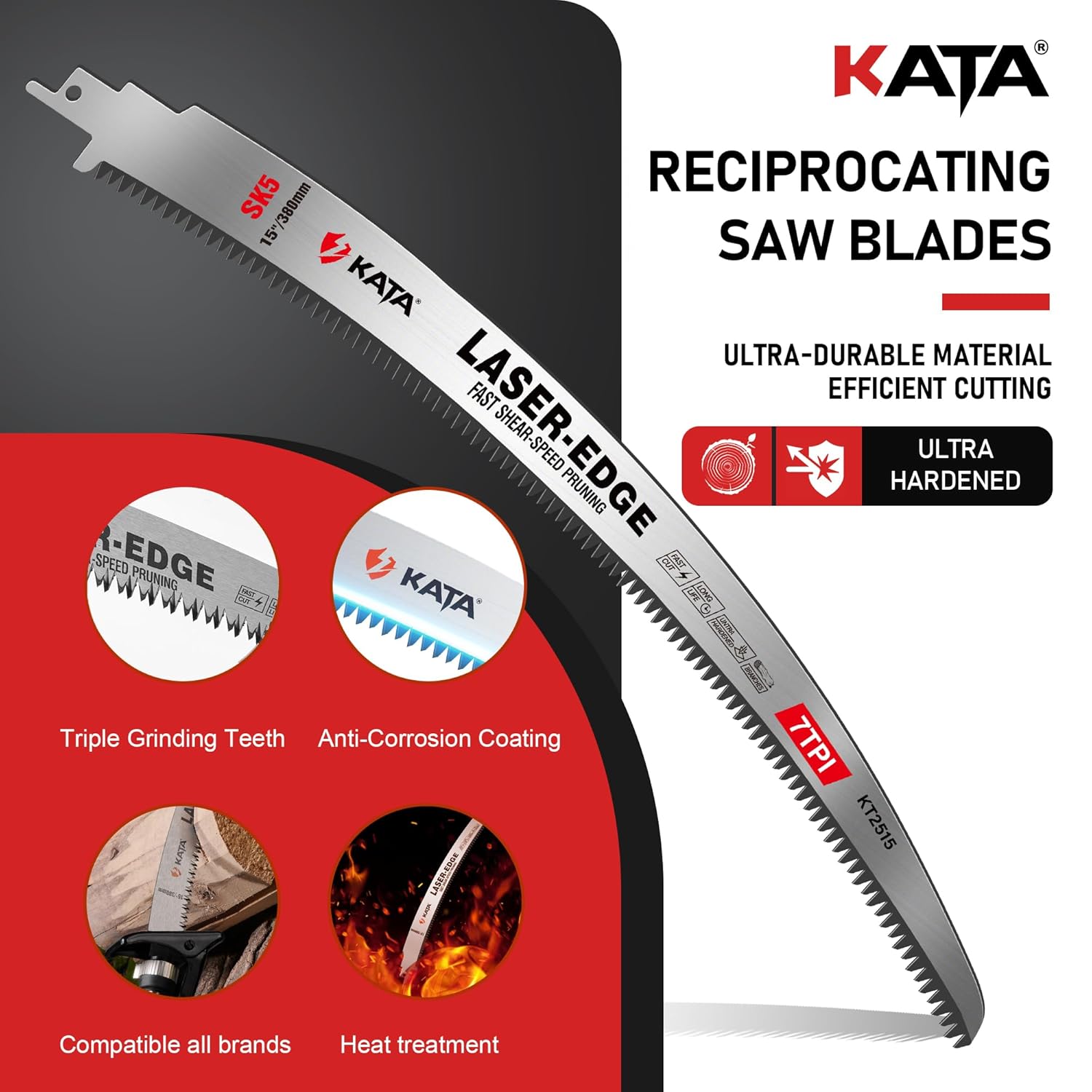 KATA Wood Pruning Reciprocating Saw Blades 15 Inch, Arc Edge SK5 Japanese Teeth Pruning Saw Blade for Cordless Saw, 7TPI Fleam Ground Teeth Curved Blades for Tree Trimming, Wood Cutting, 3-Pack