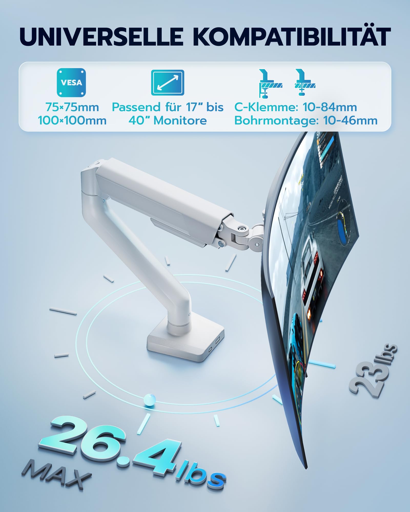 ARES WING Monitor Halterung für 17"-40" Flach Curved Bildschirm, Höhenverstellbar Bildschirmhalterung, Monitor Arm Tragfähigkeit Max 12 kg, 75/100mm Vesa-Halterung, Weiß