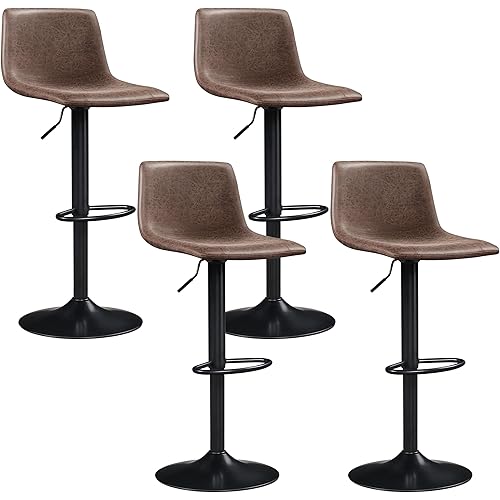 Yaheetech BarStools Modern Design Bar Stools Urban Industrial PU Leather Armless Chair Adjustable Height Swivel for Bar Counter Kitchen Set of 4, Brown