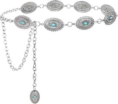 9281 Women\'s Concho Chain Belt Western Cowgirl Metal Waist For Dress Women Concho Chain Waist Belt Silver Western Cowgirl Metal  main image 4