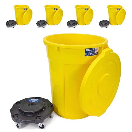 Magnum Yellow 55 Gallon Trash Can Set (Trash Can, Quiet Dolly, and Reinforced Lid), Construction Grade, Jobsite Ready, Non-Marking Wheels & Casters for Rolling Garbage CMTC-CLD0-55Y05 (5 Set)