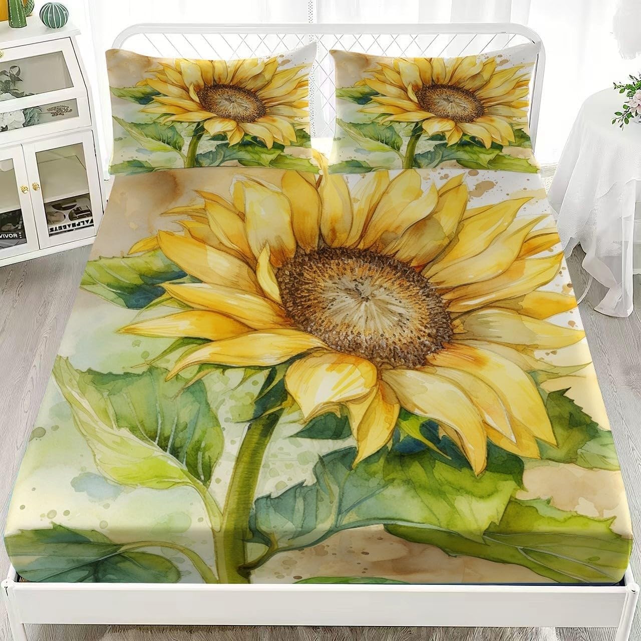 Yellow Flowers Single Fitted Sheet Sunflowers Bed Sheets Deep Pocket 12 inch (30 cm) Soft Cozy 3 Piece Microfibre Bed Sheet 90x190 cm with 2 Pillowcases 50x75 cm