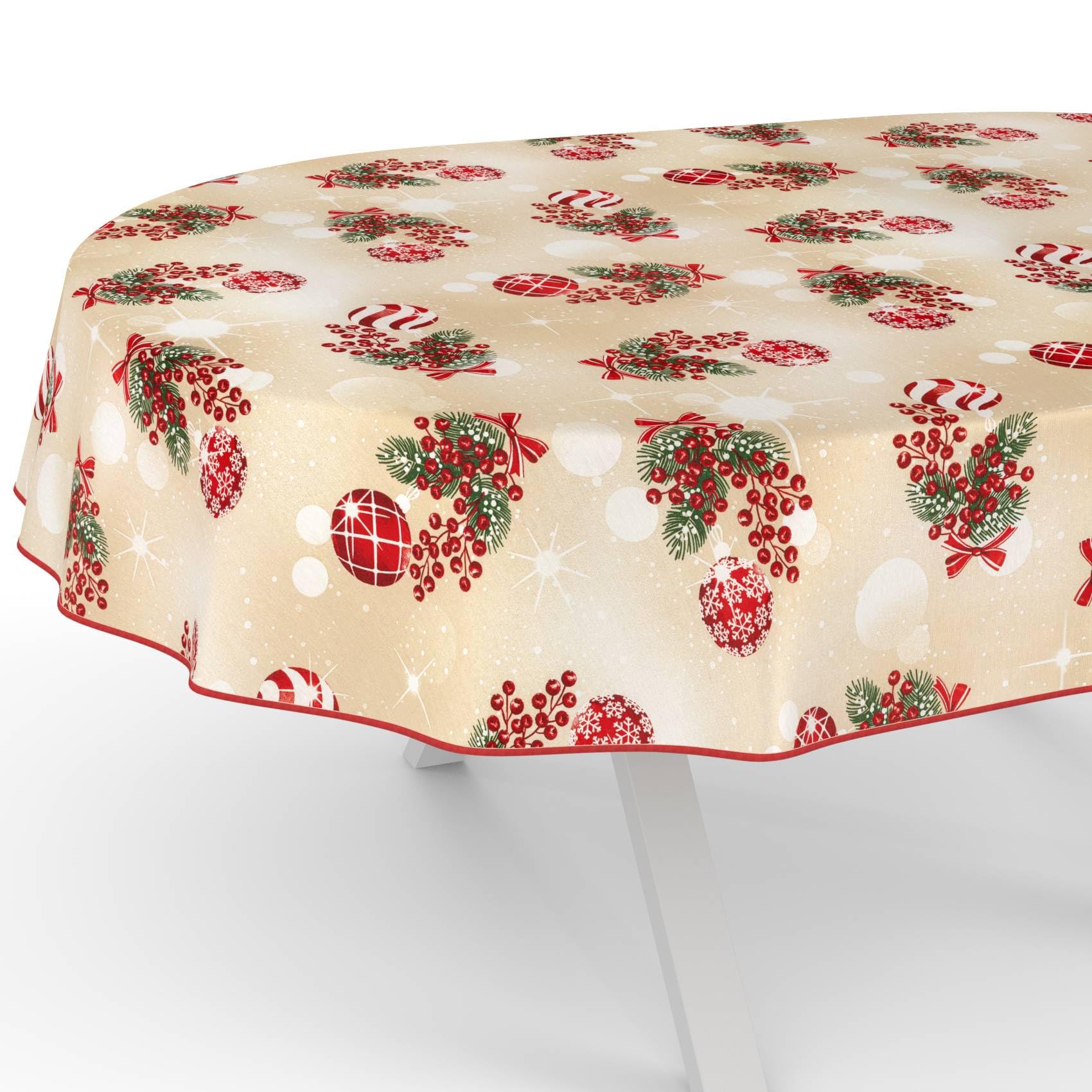 ANRO Tischdecke abwaschbar Weihnachtskugeln Beige mit Saum oval 220x140 cm