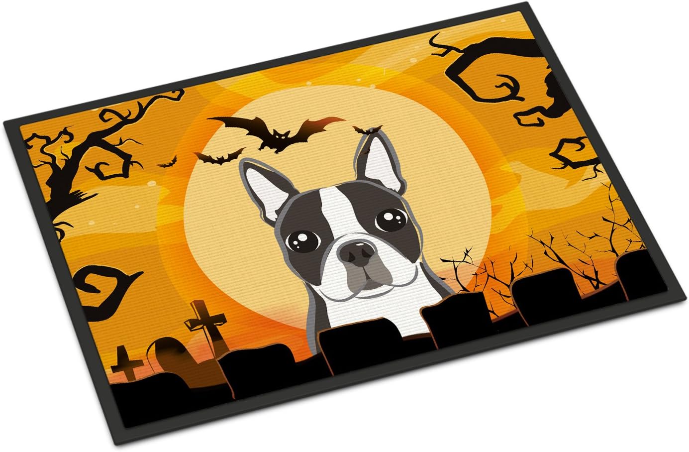 Caroline's Treasures BB1761MAT Halloween Boston Terrier Doormat 18x27 Front Door Mat Indoor Outdoor Rugs for Entryway, Non Slip Washable Low Pile, 18H X 27W