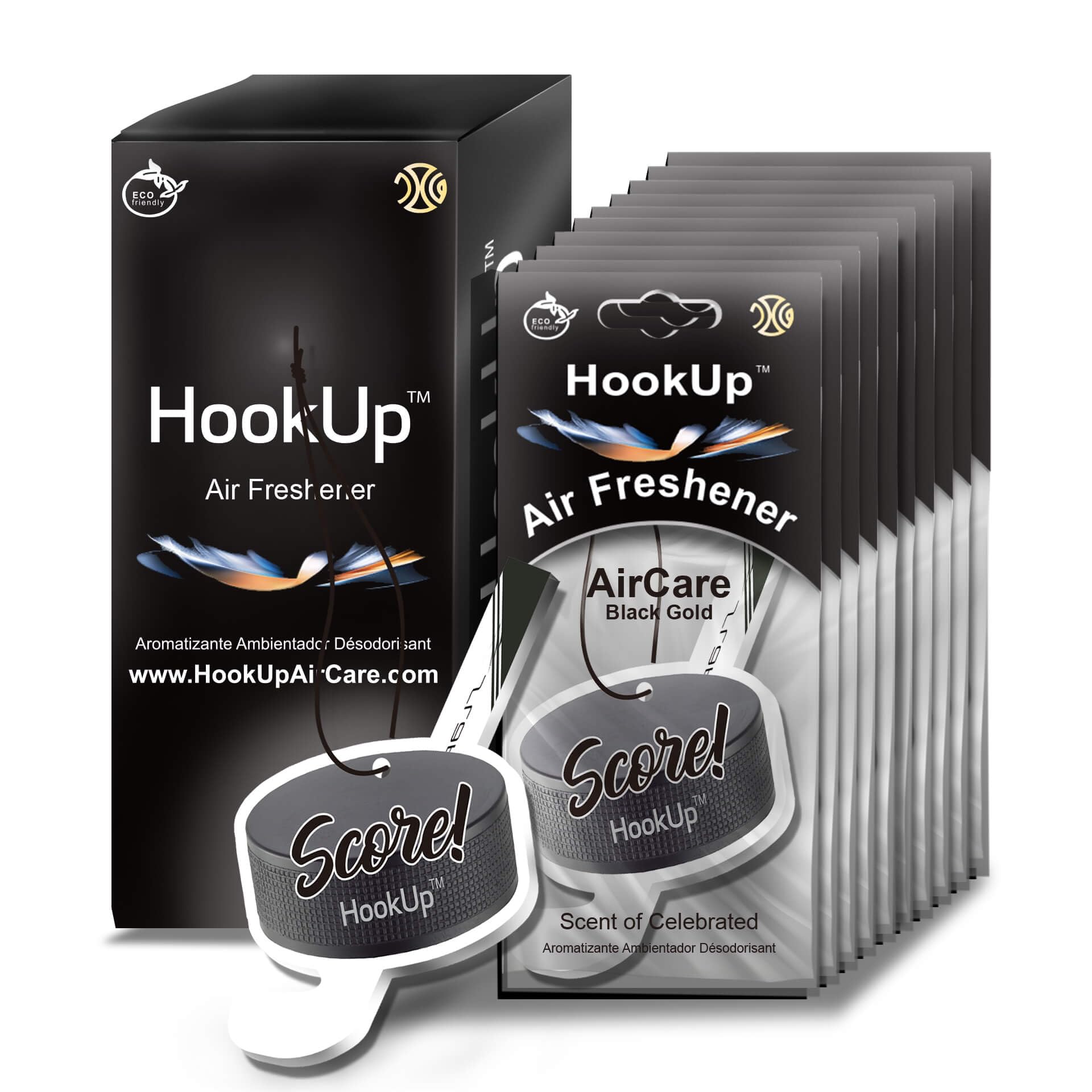 Hockey Car Air Freshener by HookUp - 10 Pack - Black Gold Scent (Extra Strong) | Unique Hockey Gift for Players, Coach, Fans | Hanging Car Accessory with Long Lasting Fresheners Smell