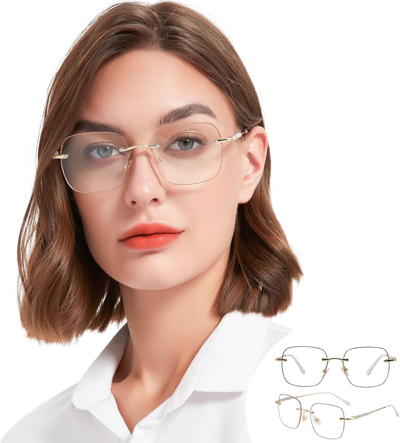 2 Packs Rimless Blue Light Blocking Reading Glasses for Women, Sparkling Metal Computer Readers