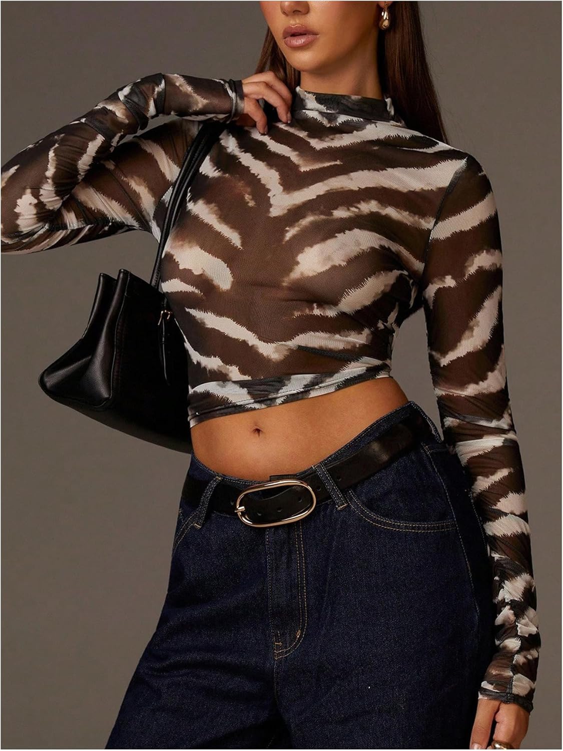 WDIRARA Women's Zebra Print Mesh Sheer T Shirts Mock Neck Long Sleeve Tee Y2k Fitted Crop Tops - Image 5