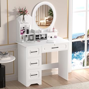 Dressing Table with LED Lights, Vanity Table with Adjustable Brightness Mirror, Makeup Desk with 4 Drawers and Open shelves, Wooden Modern Bedroom Dresser, Makeup Table with Mirror for Bedroom (White)