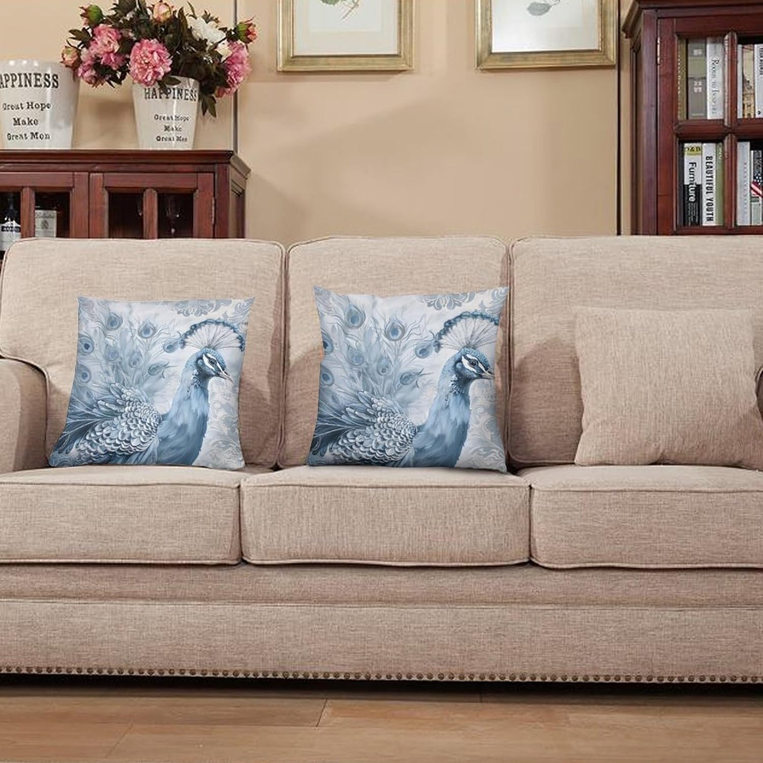 2 Packs Abstract Peacock Throw Pillow Covers for Living Room, Floral Bird Feather Country Pillow Covers Cushion Case for Couch Sofa Bed, 12x12 inch