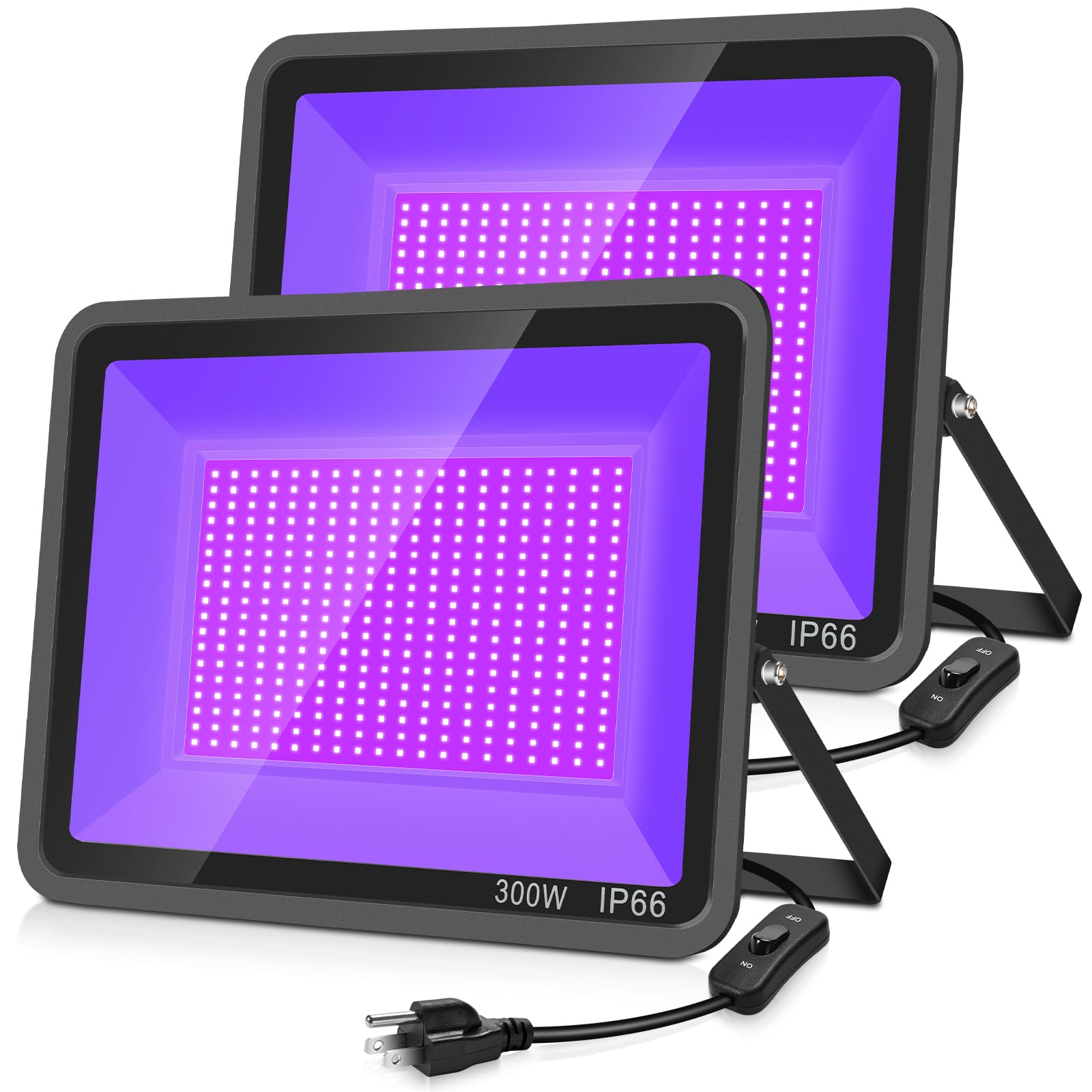 2 Pack 300W LED Black Light,Black Flood Light Outdoor with Plug and Switch, IP66 Waterproof Blacklight Flood Light Neon Glow for Glow Party, Halloween, Fluorescent Poster, Body Paint, Aquarium