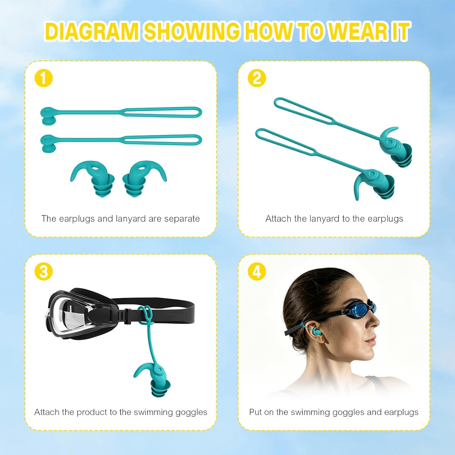 2 Pairs Silicone Waterproof Swim Earplugs with Removable Cord, Two Wearing Styles Anti-Loss Reusable Ear Plugs for Pool Surfing Shower Water Sports Ear Plugs (Cyan)