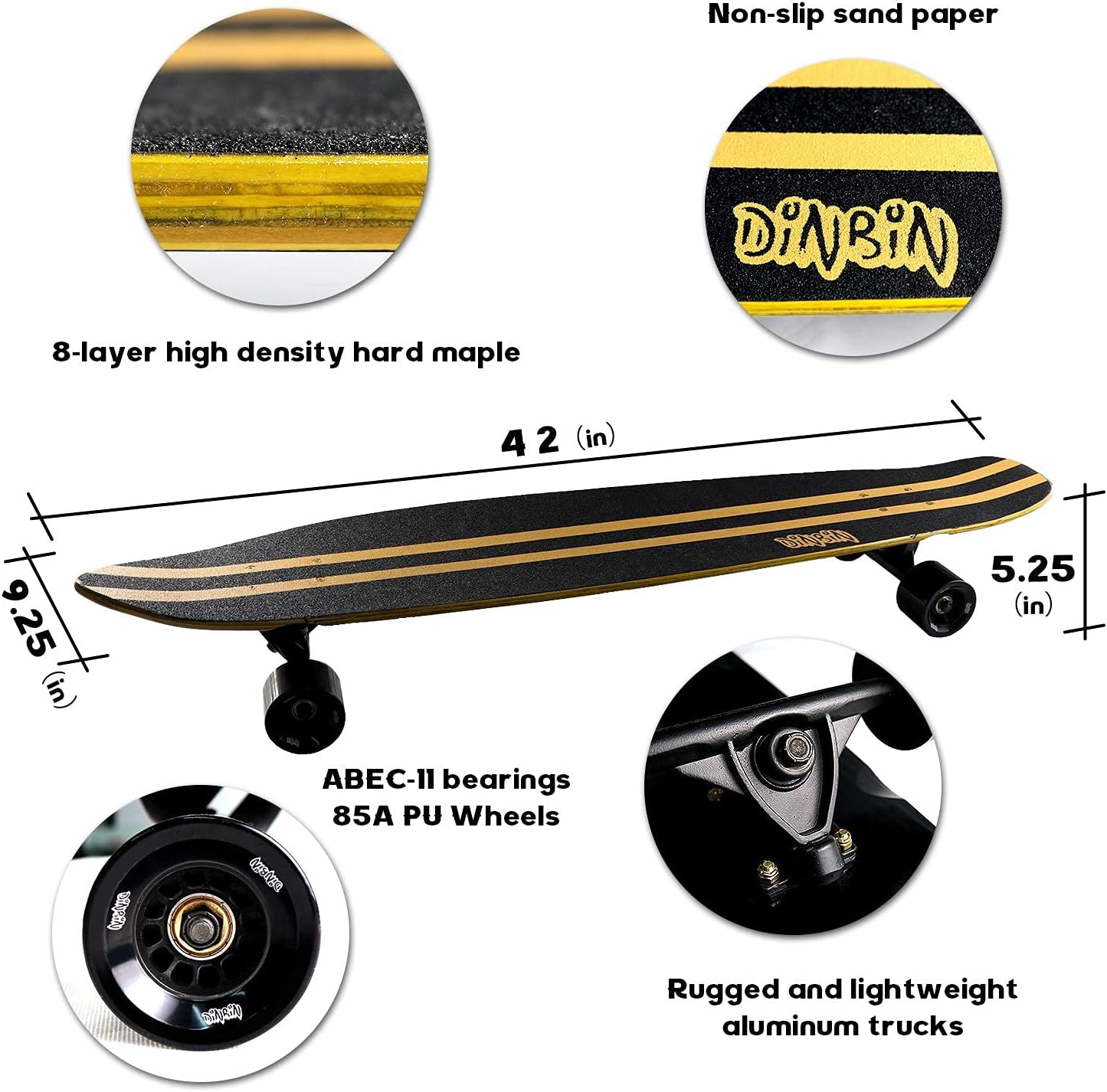 DINBIN 42 Inch Drop Through 8 Ply Maple Complete Longboards Skateboard,Cruising,Freeride Slide,Freestyle and Downhill Freestyle Cruiser for Teens or Adults