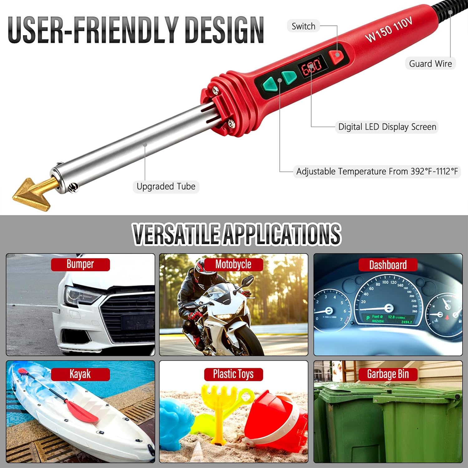 150W LED Digital Adjustable Temperature Plastic Welder, 3 IN 1 Welding Kit with 70PCS Rods, 3 Tips Welder Soldering Iron Kit, Plastic Repair Kit for Car Bumper/Kayaks,etc (Red)