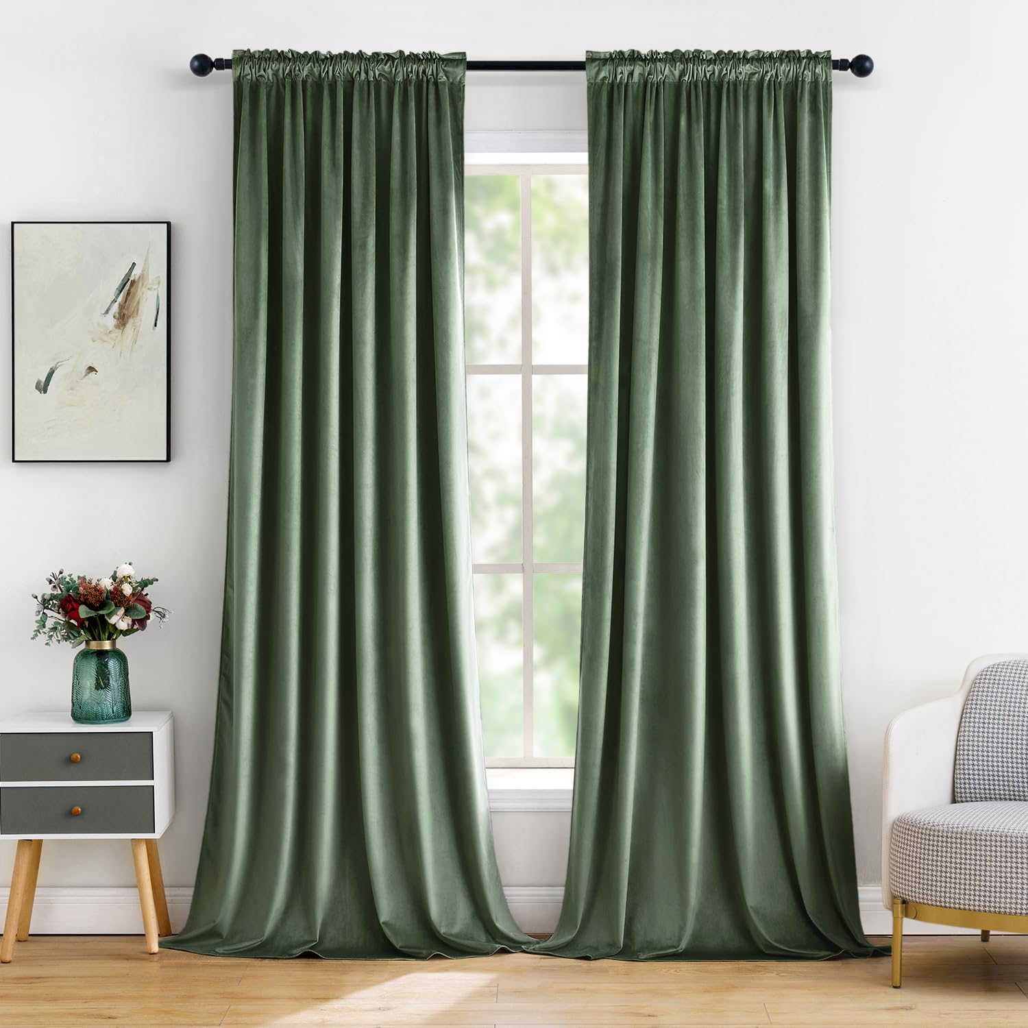 MIULEE Velvet Curtains Sage Green Thermal Insulated Blackout Curtain Drapes for Bedroom Living Room Darkening 84 Inches Long Curtains Panels Rod