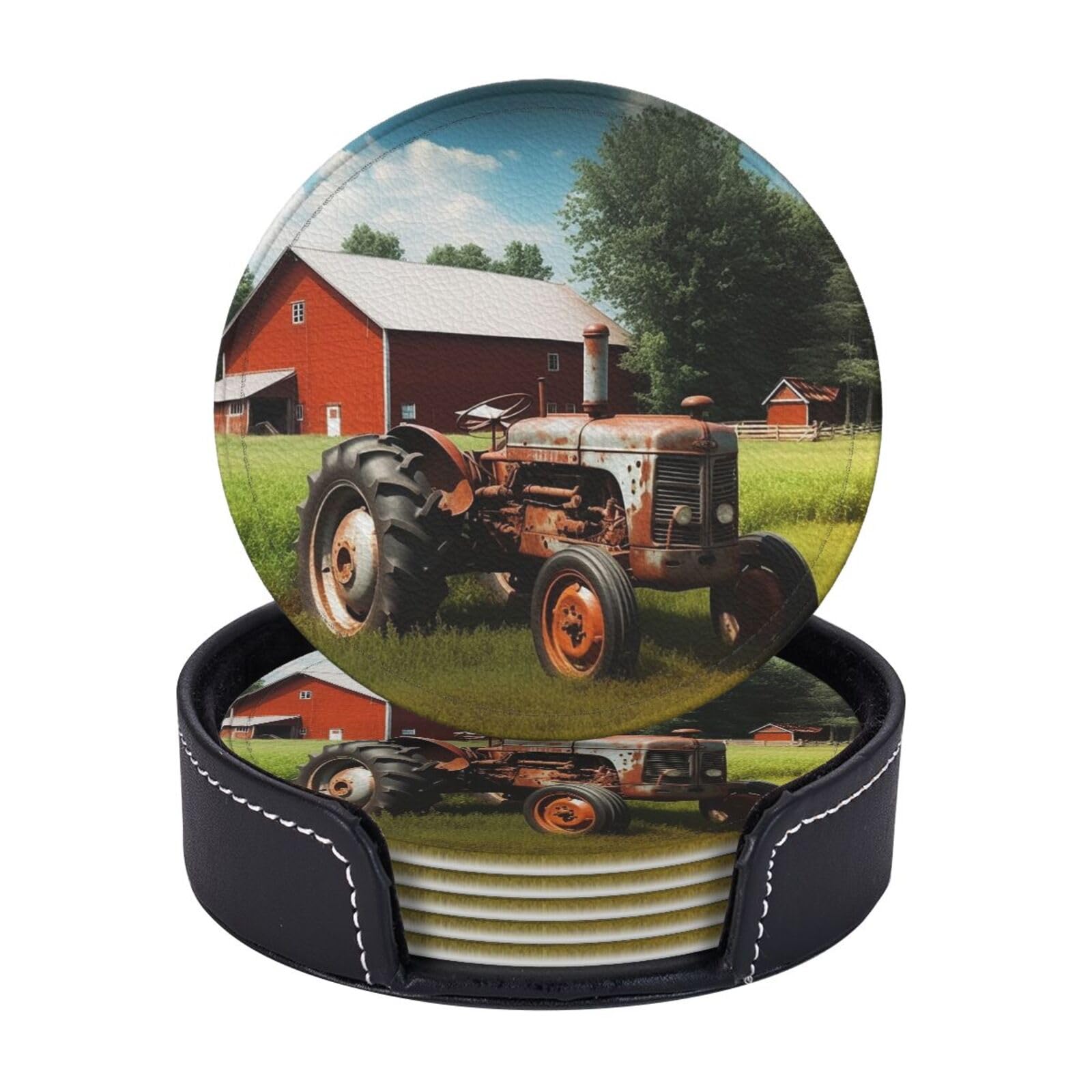 Round Coasters for Drinks Set of 6 - PU Leather Coasters with Holder - Modern Drink Coasters for Coffee Table - Company Farm Tractor Coaster for Tabletop Protection 4" Cup Mat Pad
