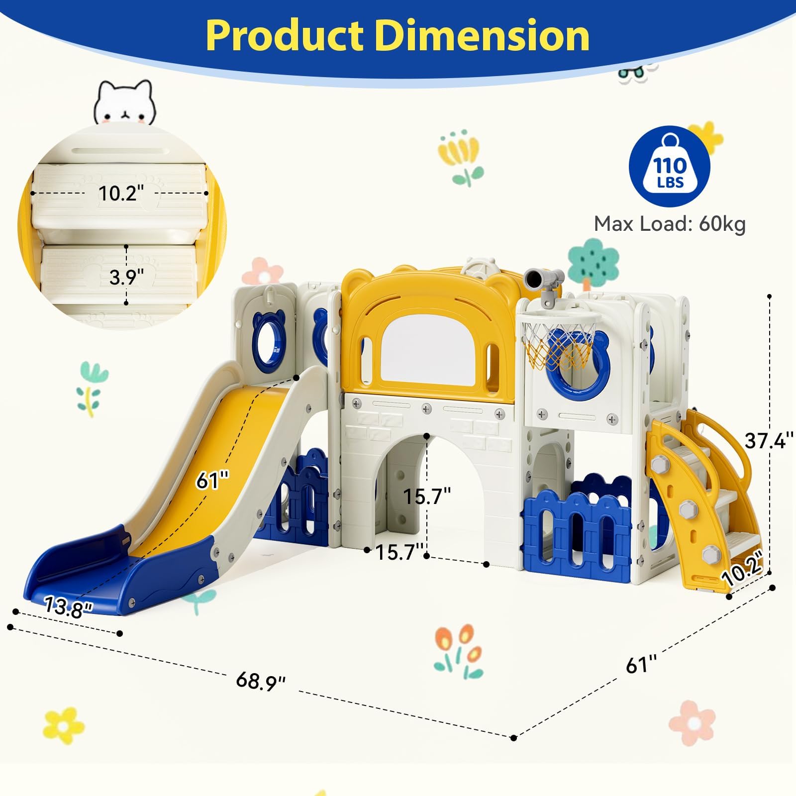 MAMIZO Parco Giochi Modulare 10 in 1 - Scivolo per Bambini da Esterno ed Interno con Canestro da Basket, Telescopio,Tunnel, Tavolo da Disegno,Spazzola e Vano Deposito (Giallo Verde), 4PCS Moduls