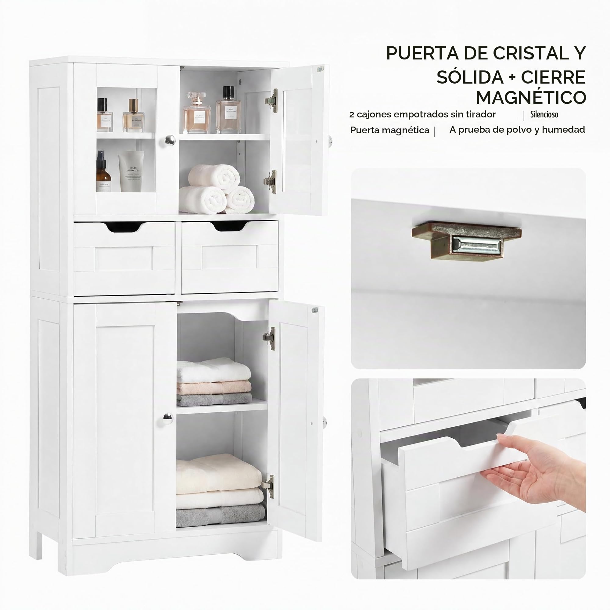 Armario Alto de Almacenamiento, Mueble de Baño, Baldas Ajustables, Panel de Partículas Melamínico Doble Cara de 15mm, Mueble Multiusos para Baño, Pasillo y Lavandería(Blanco, 60x30x128cm)