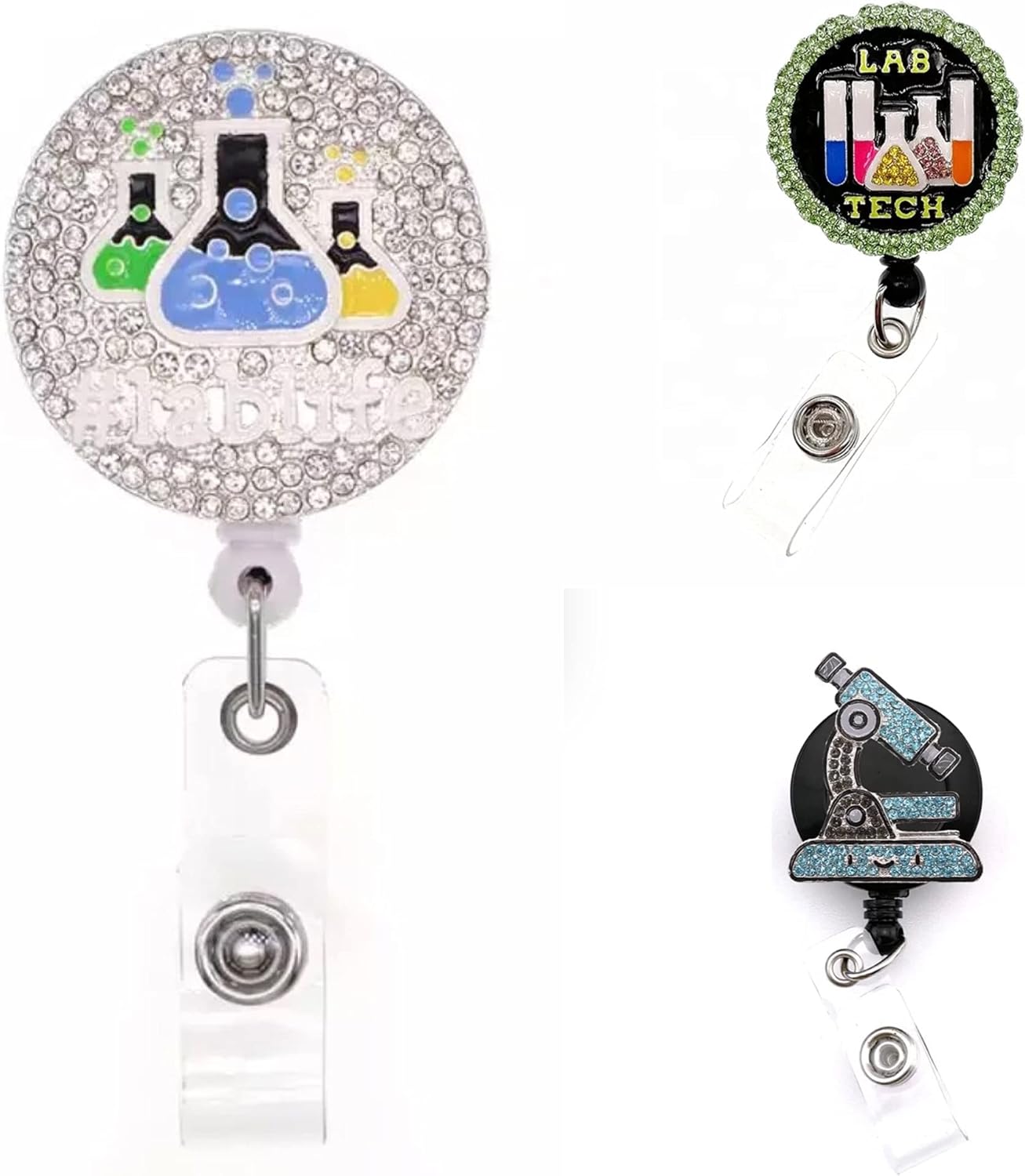 Lab Medical Retractable Badge Reel ID Holder Rhinestone Crystal Bling (Lab Bundle 3pack)