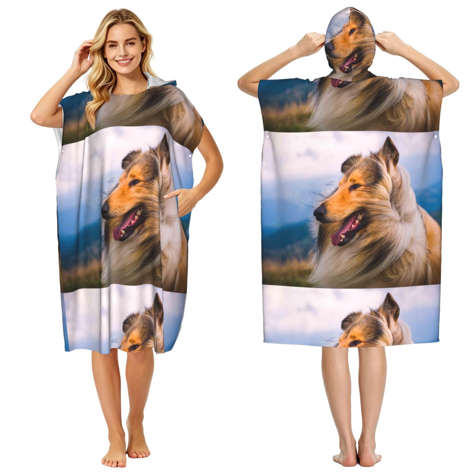 Poadnly Beautiful Rough Collie, Adult Hooded Beach Towel 90 x 110 cm,Changing Bath Robe, Surf Poncho Towel For Women Men