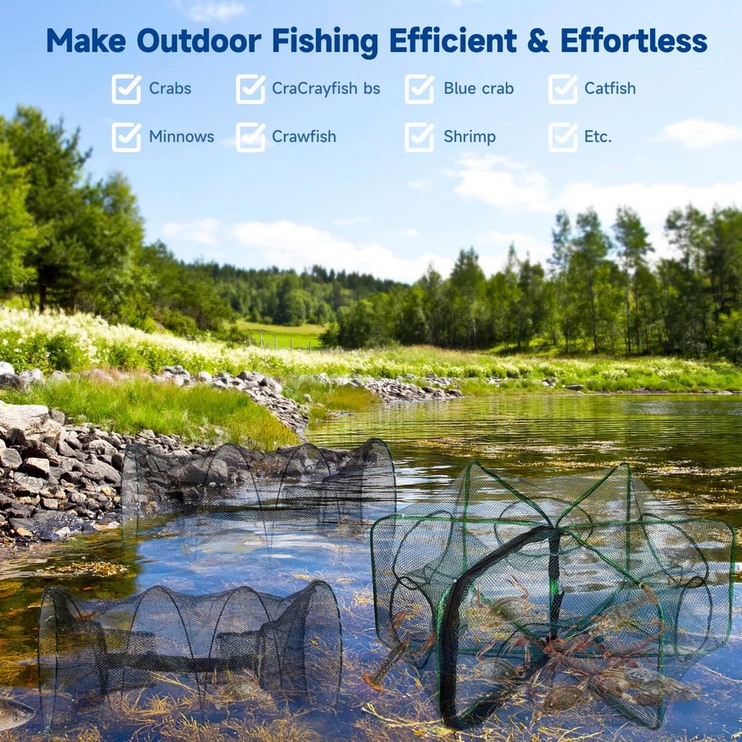 3 Fishing Trap Nets for Crab, Crawfish, Lobster, and Shrimp – Cylindrical & Hexagon Mesh Bait Traps, Foldable, Travel-Friendly