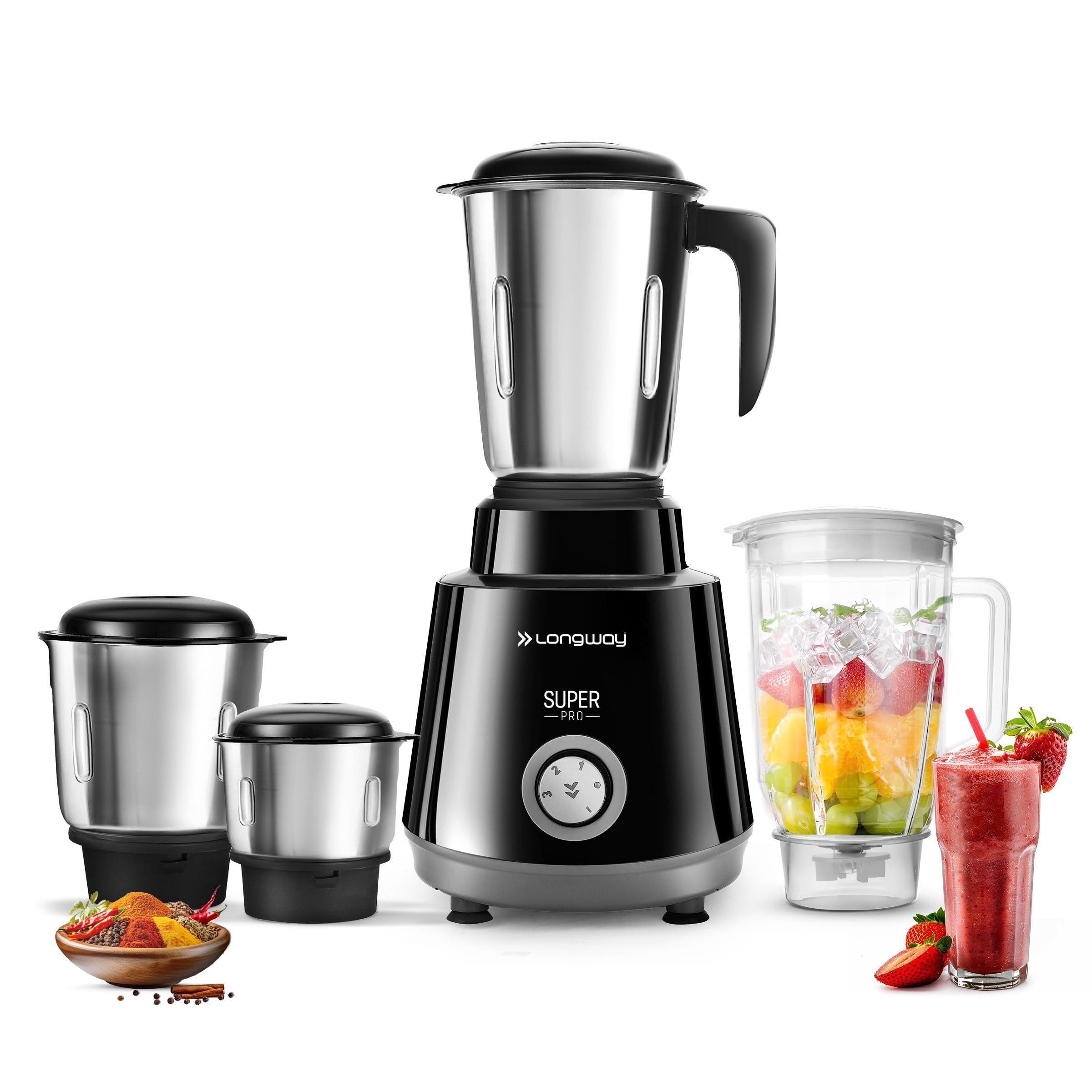 Longway Super Pro 750 Watt Juicer Mixer Grinder with 4 Jars for Grinding, Mixing, Juicing with Powerful Motor | 2 Year Warranty | (Black & Gray, 4 Jars)