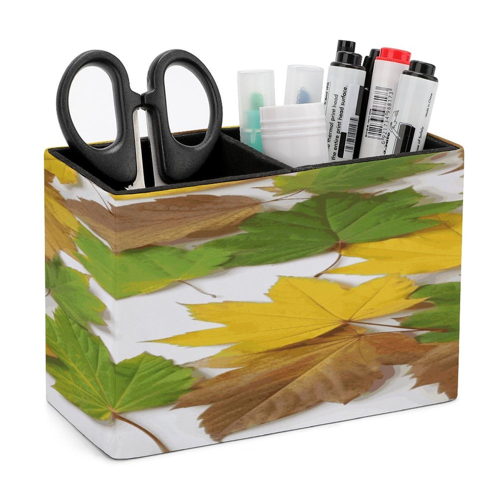 FekiLoot PU Leather Leaves Pen Holder for Desk 2 Compartments Desktop Stationary Organizer Rectangle Table Pencil Cup Stand Desktop Stationery Organizer Case for Office Home