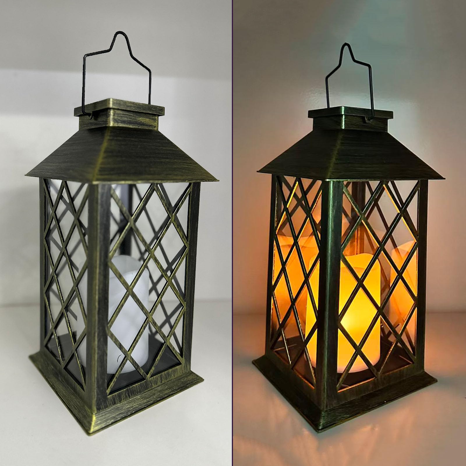 Yowin Lanterne da Esterno 2 Pezzi 35cm Grande Lanterna Solare da Giardino con Candele Tremolante, Vetro Temperato, Lampada Solari da Appendere Impermeabile Lampade da Tavolo per Giardino Balconi