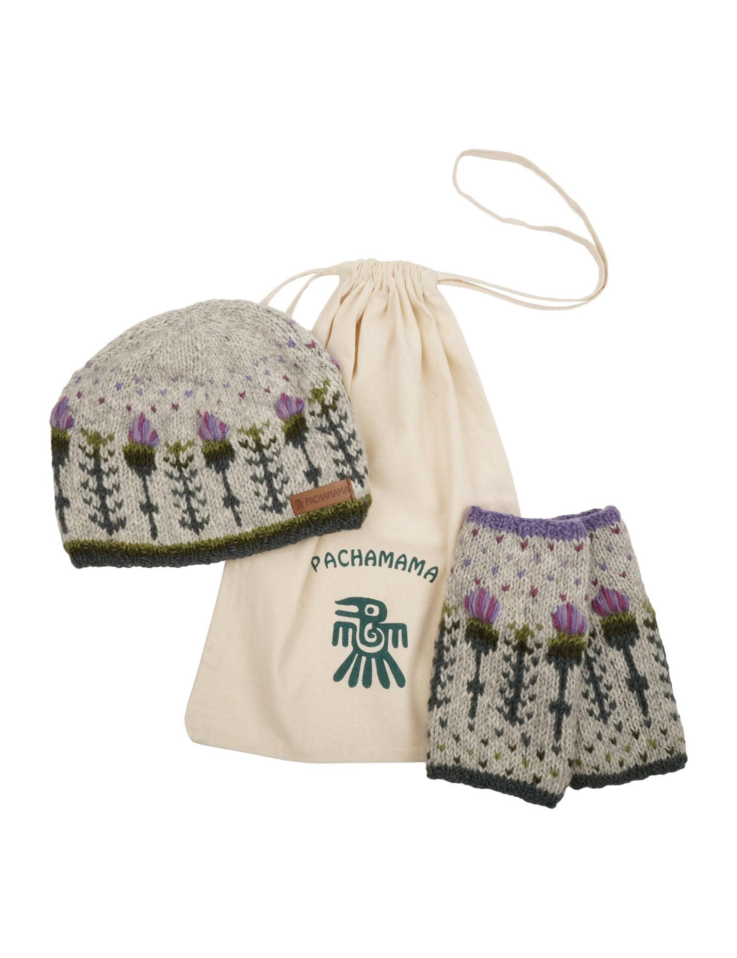 Pachamama Women's Oatmeal Wool Matching Beanie Beanie Hat And Hand/Wrist Warmer 2Pk Gift Bag Set Fleece Lined Handknitted Scots Thistle Design Multicoloured One-Size Handmade Extra Warm Fair Trade