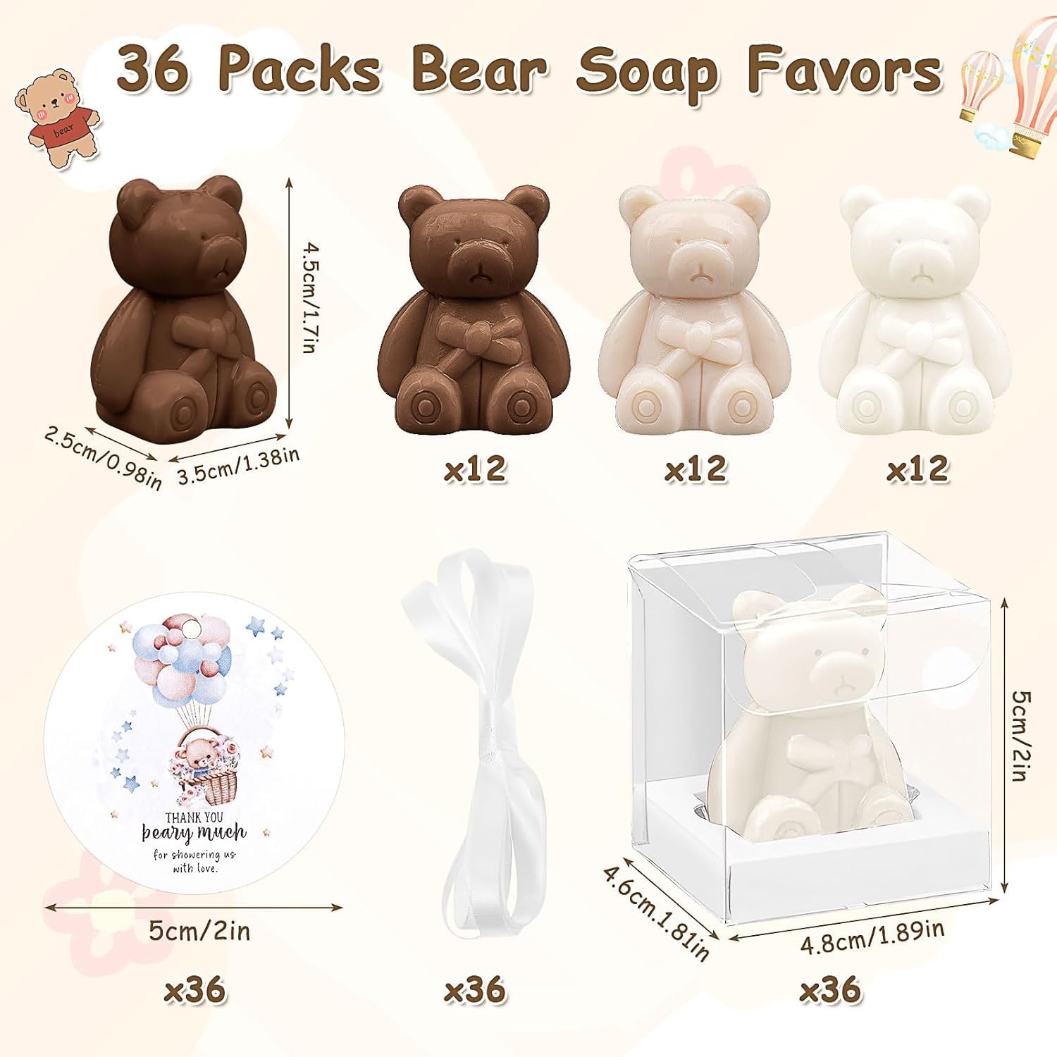 36 Stück Bären-Babyshower-Geschenke, Bären-Seifen-Gastgeschenke mit Dankeskarten und Boxen für Babyparty-Dekoration, Gästegeschenk, Hochzeitszubehör (Weiß und Braun)