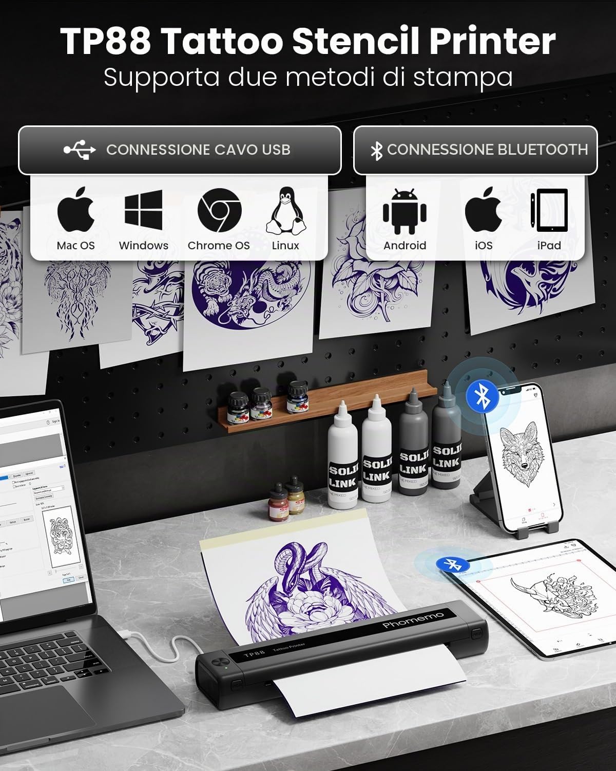 Phomemo Stampante Stencil Tattoo, TP88 Stampante Termica Tattoo Portatile, A4 Stampante Tattoo Printer, Stampante per Tatuaggi Bluetooth per Smartphone e PC con 10pcs Tattoo Transfer Paper