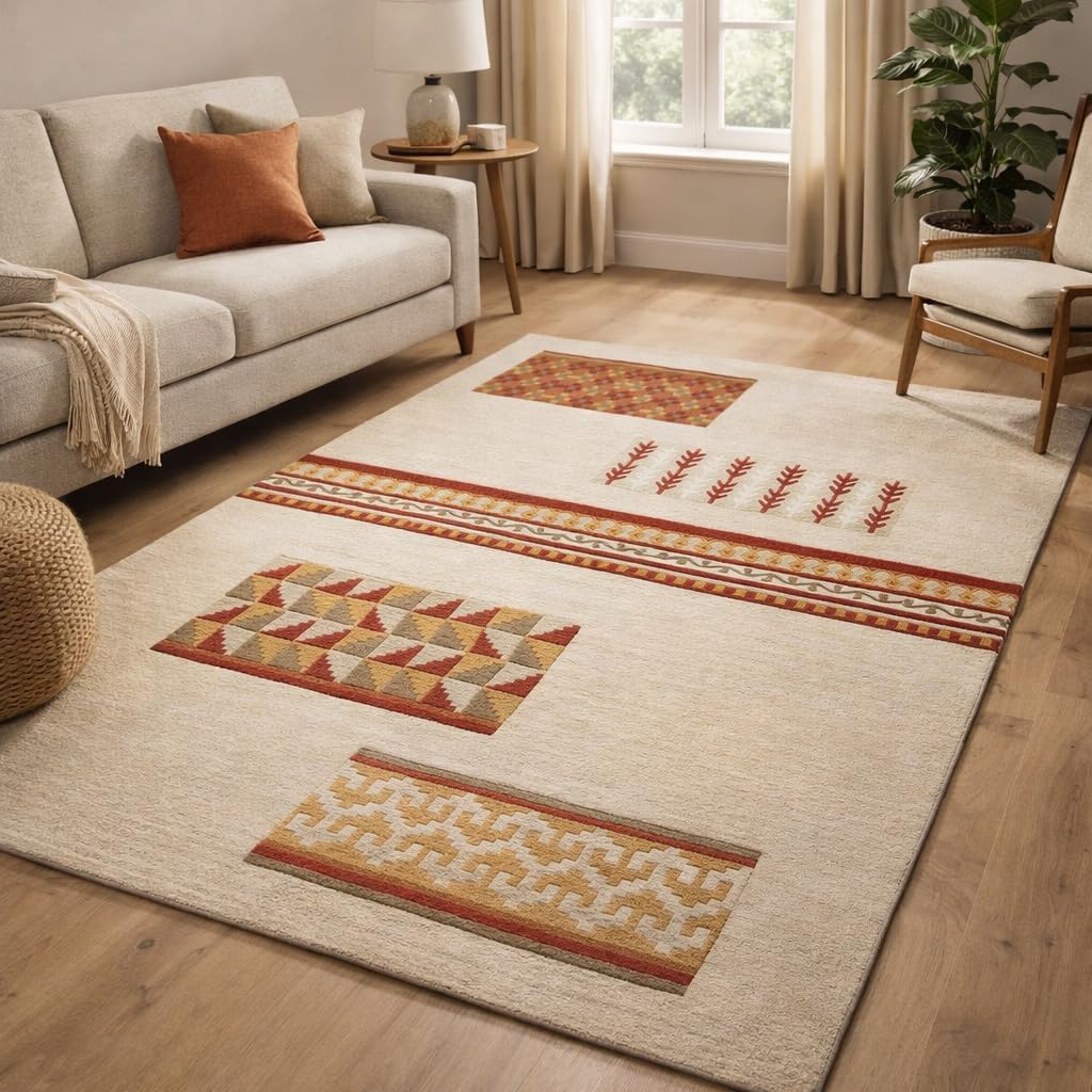 Handmade Hand-Tufted Wool Area Rug, Modern Geometric Motifs Ethnic Patchwork Multicolor Carpet for Living Room Bedroom Dining 7x10, 6x9, 8x10, 9x12 Sizes