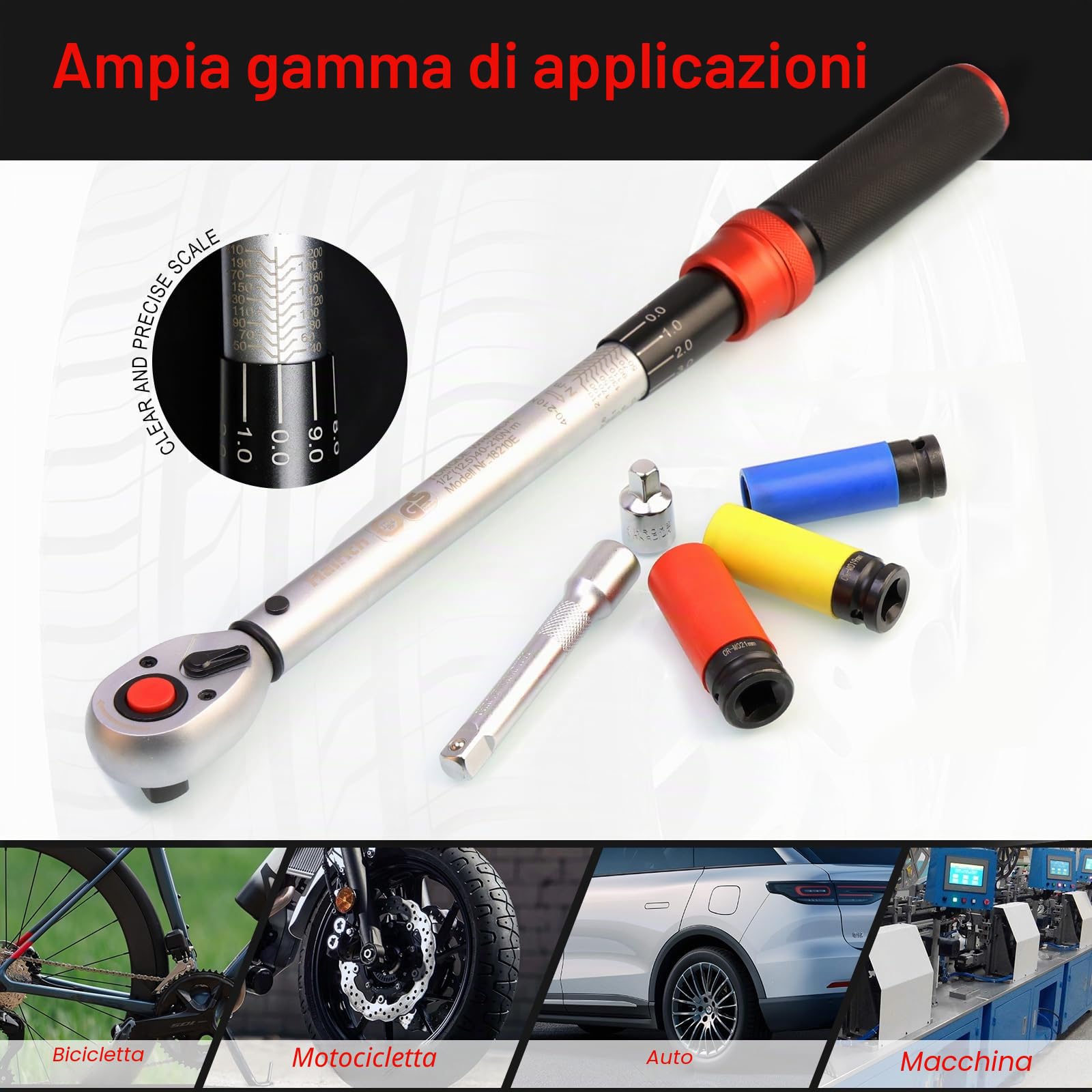 Hairich Chiave dinamometrica 1/2 pollici, 40-210 Nm per bicicletta e moto, chiave dinamometrica, set da 6 pezzi, con asta di prolunga da 125 mm, adattatore da 1/2"-3/8", 3 bussole per il