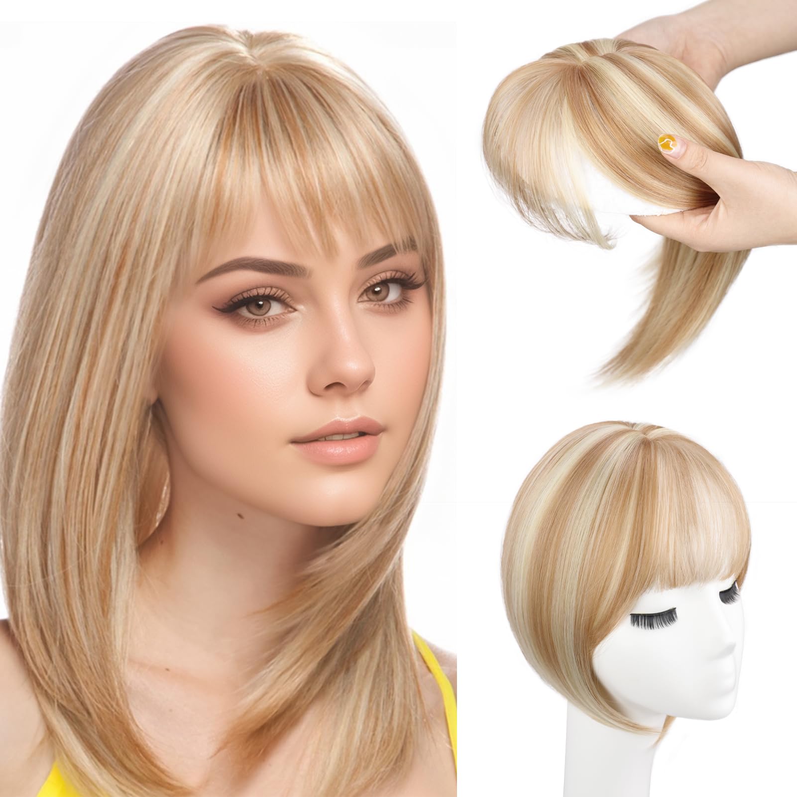 NANNAN 12 Inch Hair Toppers for Women Synthetic Hair Topper with Bangs for Thinning Hair Clip-in Hair Pieces for Change Hairstyle Natural Realistic Toppers for Daily Use-Golden Blonde&Bleach Blonde
