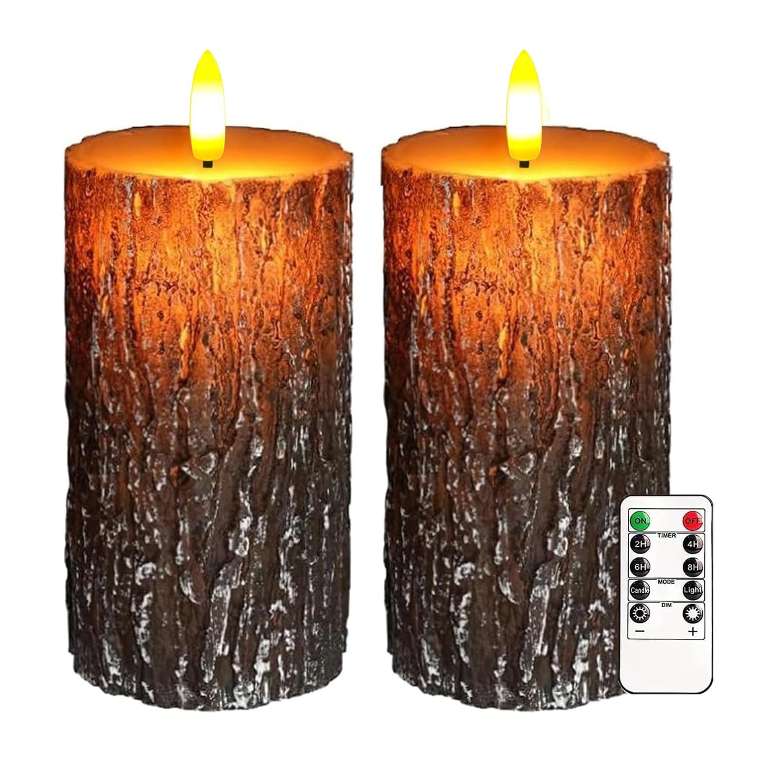 AVEKI Flameless Candle Light, Set of 2 6"x3" Flickering Christmas Flameless Candles with Remote & Timer, Dimmable Real Wax Pillar Candles Battery Operated, Decor for Home Xmas (Bark)