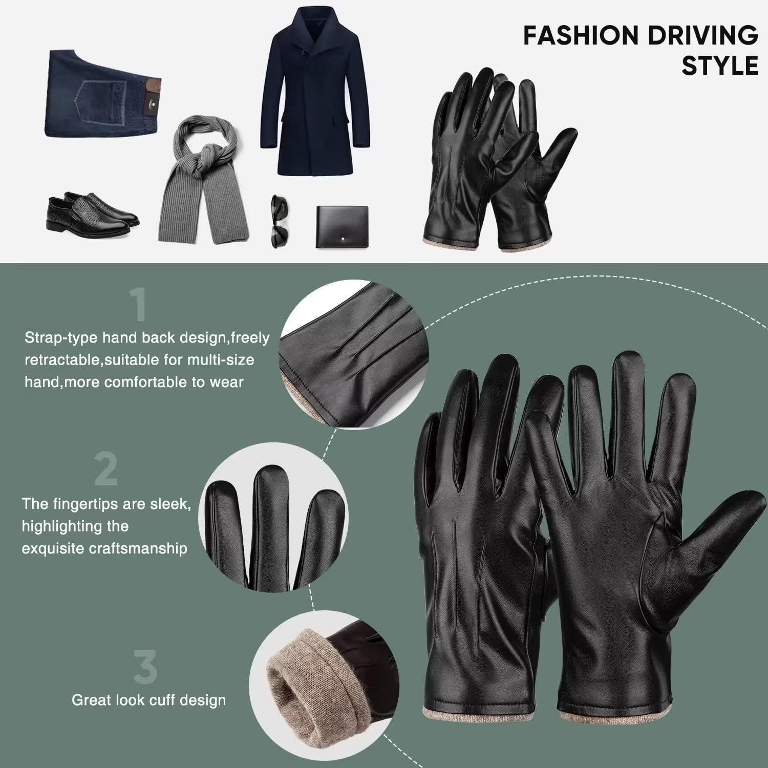 Alepo Winter PU Leather Gloves For Men, Warm Thermal Touchscreen Texting Typing Dress Driving Motorcycle Gloves Wool Lining - Image 5
