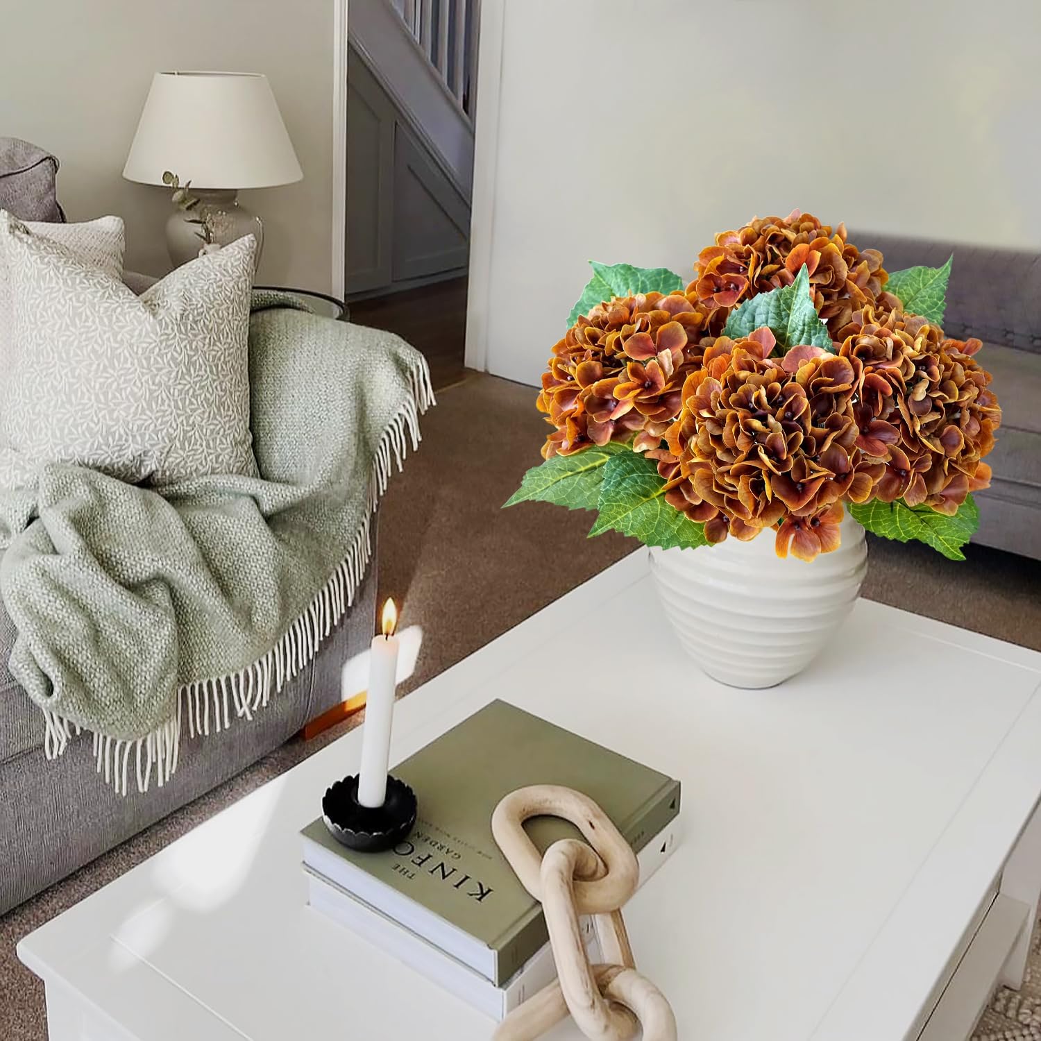 Fall Hydrangea Artificial Flowers, 4Pcs 21” Latex Real Touch Flowers, Faux Silk Flowers Fake Artificial Hydrangeas with Stems for Bouquet Table Centerpieces Halloween (Raw Umber Brown) - Image 7