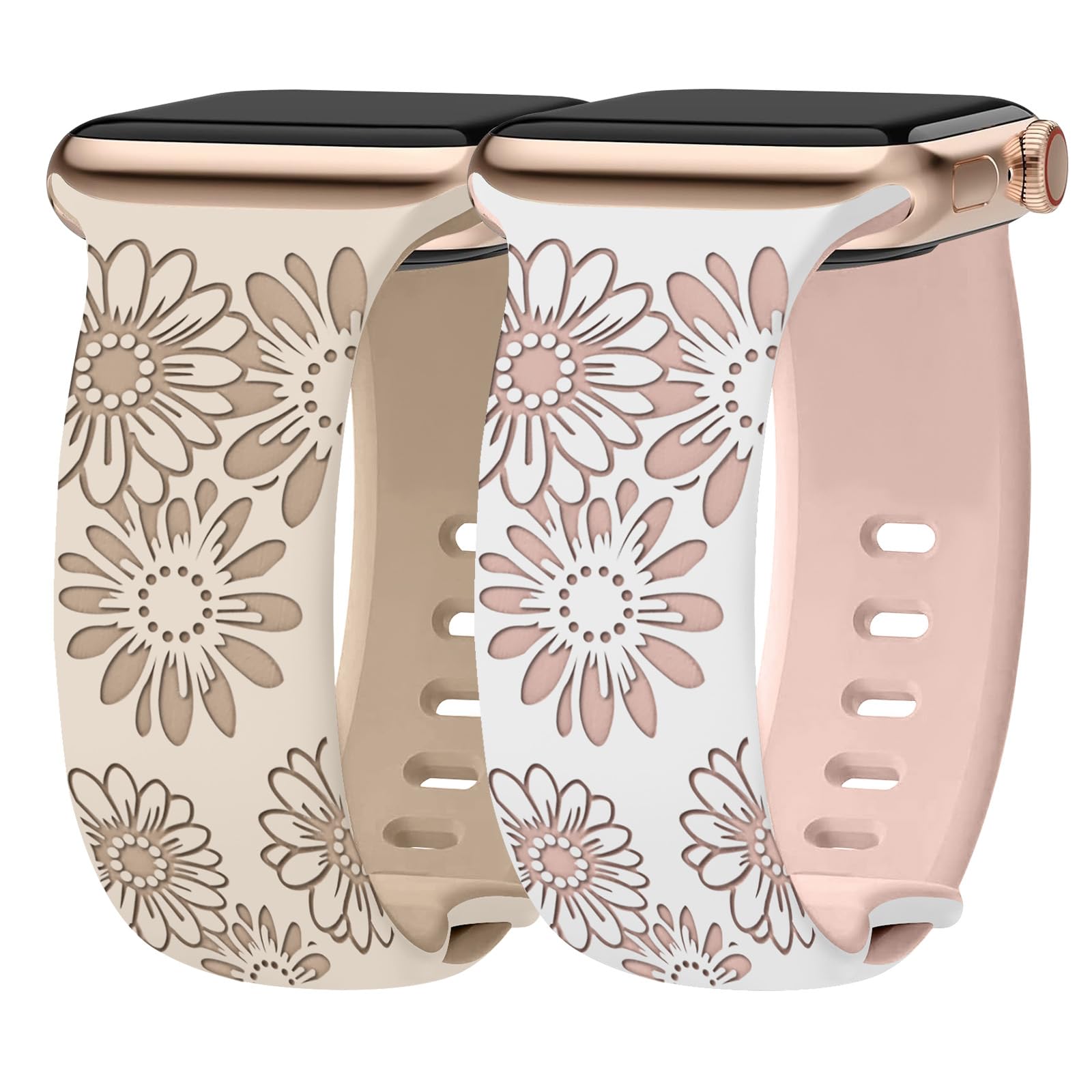 Kimiyaki 2 Pack Floral Engraved Bands for Apple Watch Band 38/40/41/42/44/45/46/49mm Women, Two-Tone Sun Flower Cute Soft Silicone Sport Strap for