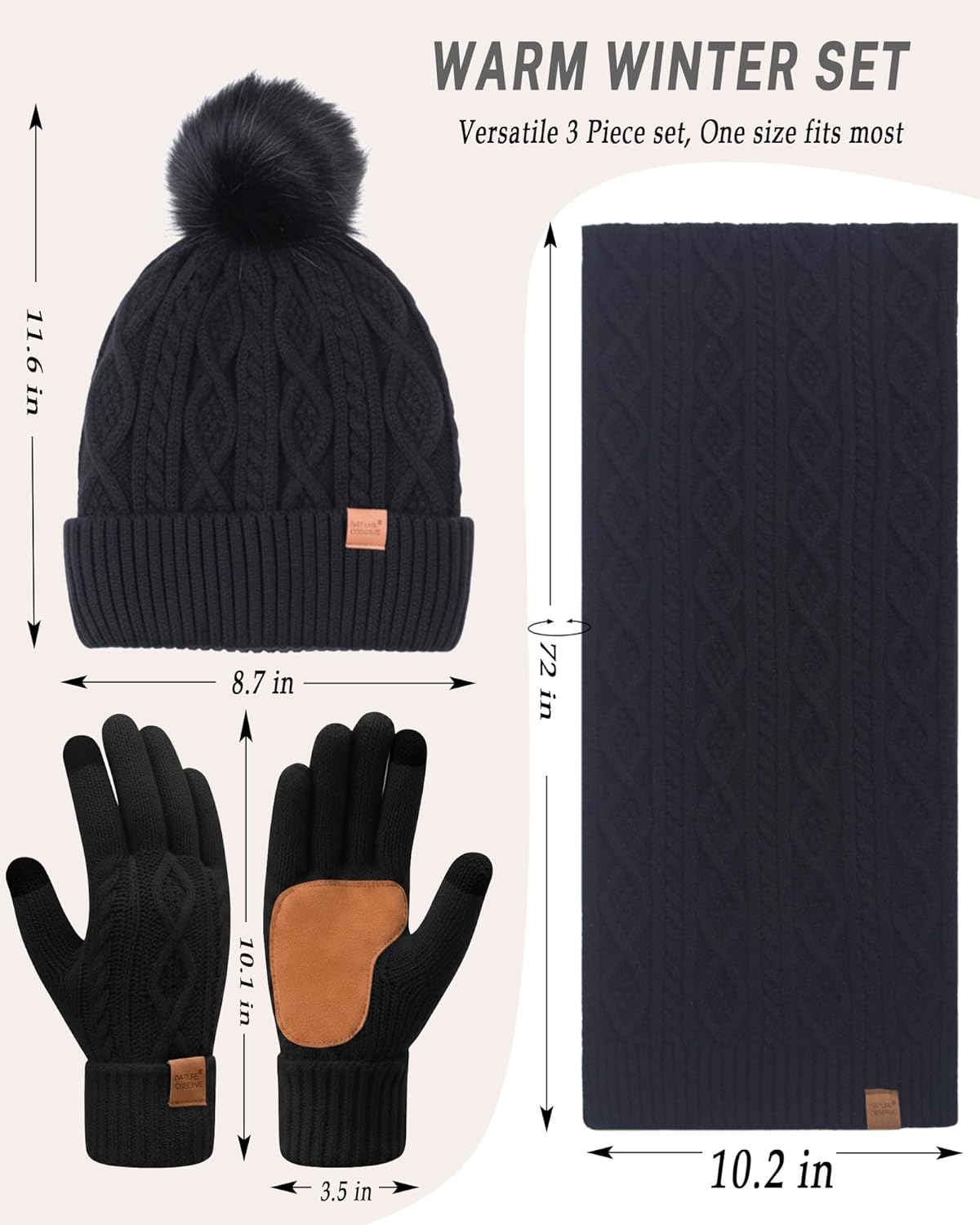 Womens Hat Scarf Gloves Set Winter Warm Thick Soft Long Knit Scarf Fleece Lined Beanie Touchscreen Glove Cold Weather Gift - Image 5