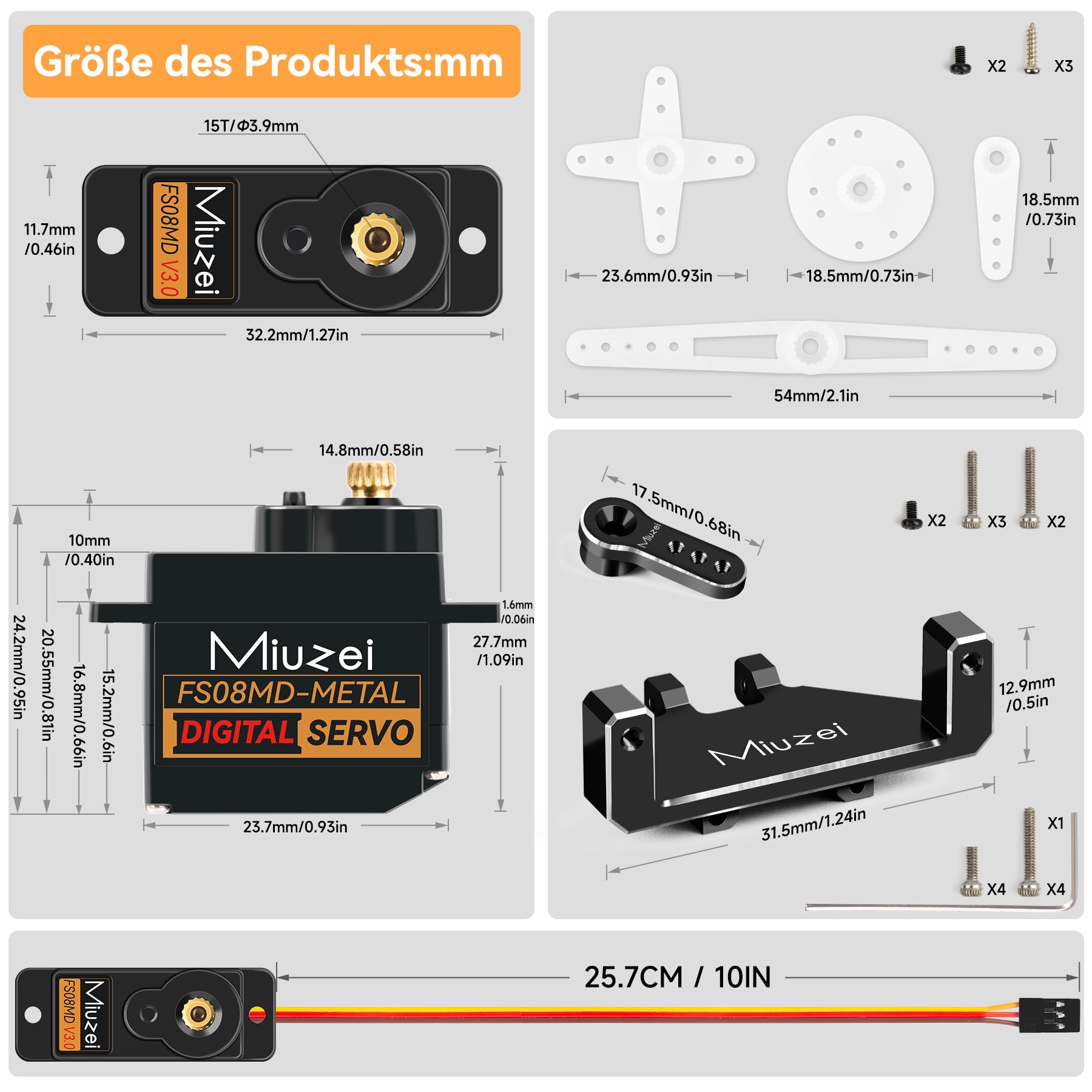 Miuzei Micro Digitale Servomotore 12g 180° Metallo Rame Ingranaggi per Arduino SCX24 AX24 Robotico Braccio Auto 1/24 con Servomotore Cavo, Corno e Supporto Accessori (Neri 2 Pezzi)