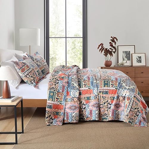 Vista 18 de Autumn Dream Juego de colcha de algodón, 3 piezas, reversible, estampado de cachemira de damasco clásico, tamaño Queen