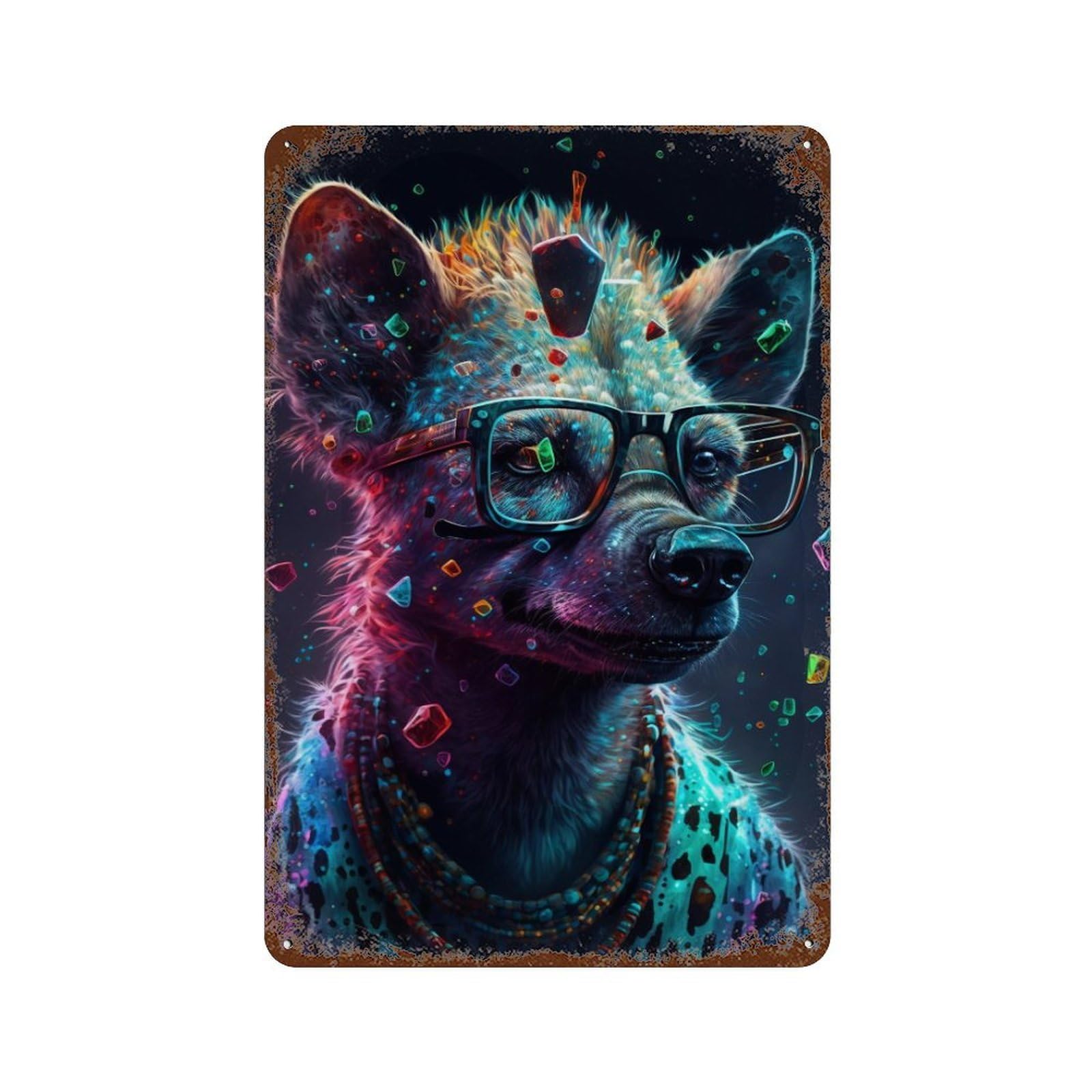 Garage Style Colorful Hyena with Glasses Rusty Metal Tin Sign 11.8"x7.9", Classic Wall Plaque for Bar And Workshop