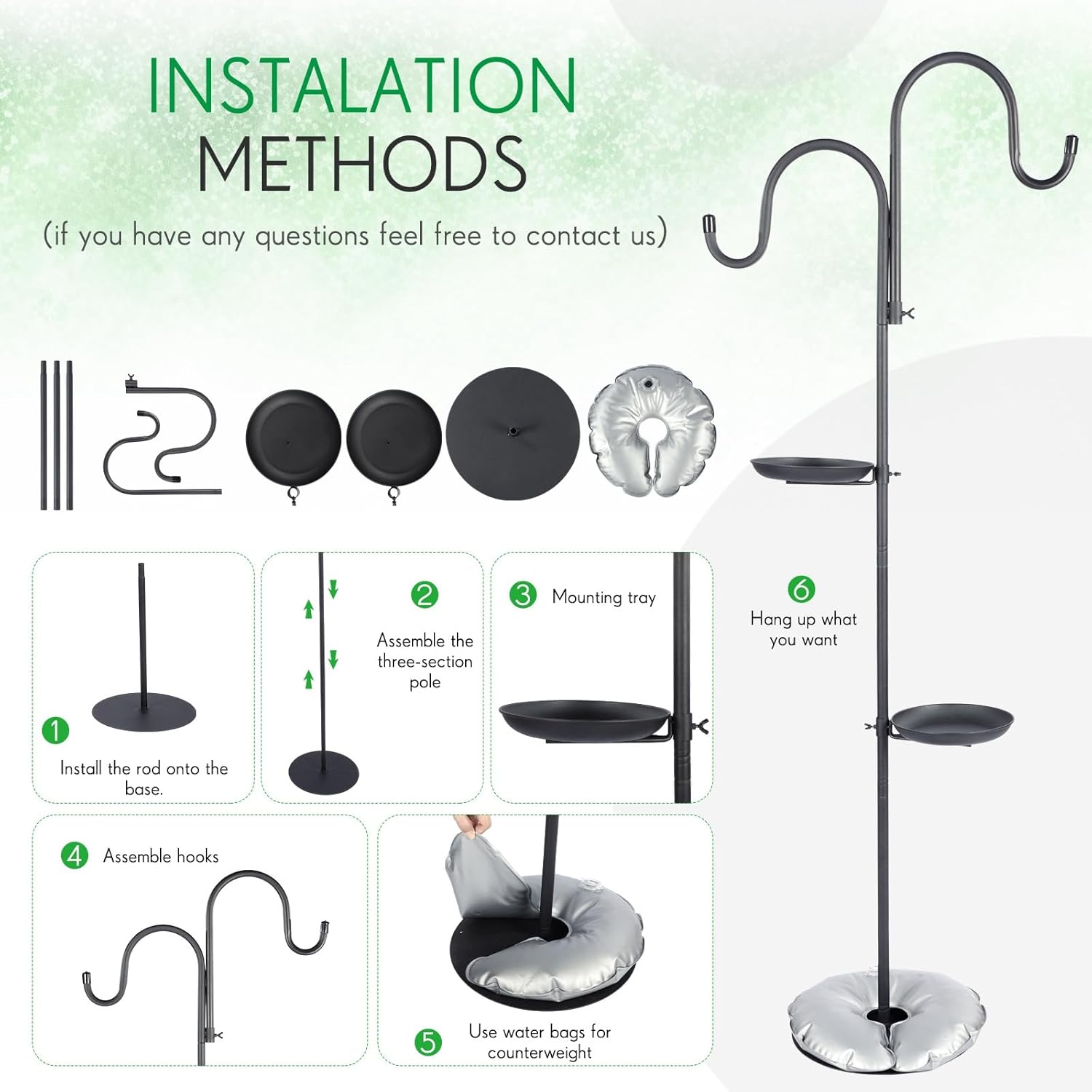 1 Set Upgraded 75.9" Shepherds Hook for Bird Feeder, Hanging Plant Wind Chime Stand, Metal Adjustable Standing Pole Holder for Indoor Outdoor, with 2 Rack & Weight Bag (Classic 2 Hooks)
