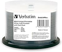 Verbatim BD-R 25GB 16X Blu-ray Discs, DataLifePlus White Inkjet Printable, Hub Hub Printable 50 Pack Spindle - Scratch-Resistant HD Storage