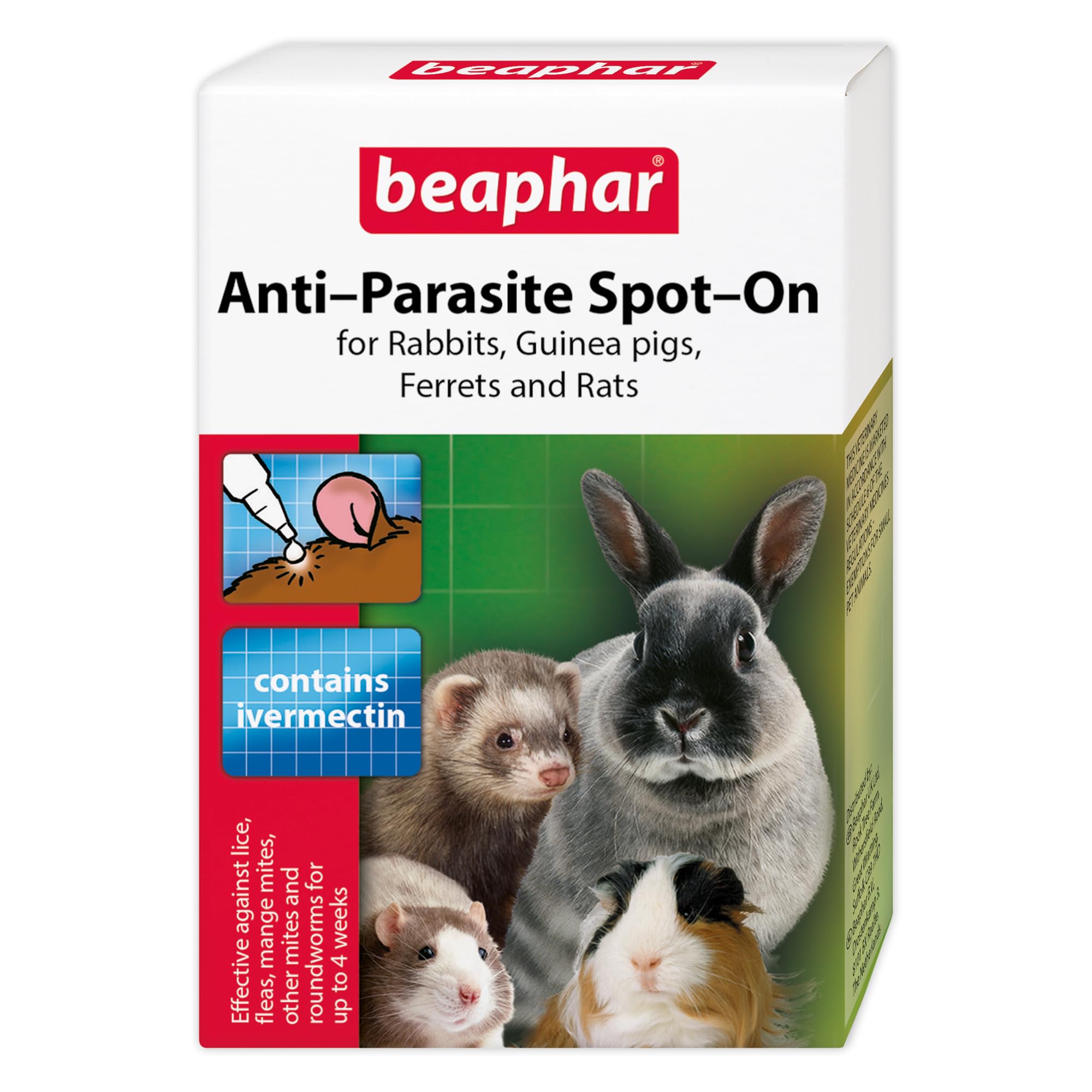 Beaphar - Anti-Parasite Spot-On for Rabbits, Guinea Pigs, Ferrets & Rats - Kills Lice, Mange Mites, Other Mites, Roundworms and Fleas – Veterinary Medicine - For Small Animals over 300g - 4 pipettes