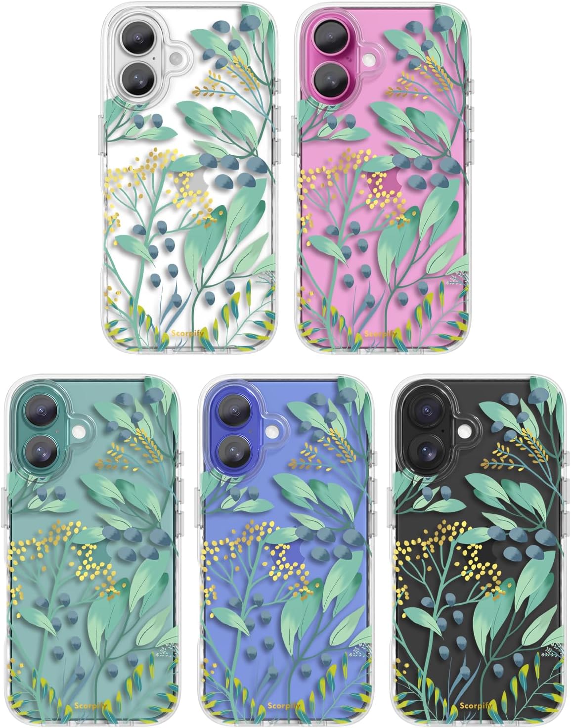 SCORPIFY for iPhone 16 Case with Summer Meadow Floral Design, Cute Clear Flower Phone Cover for Women Girls, [Non Yellowing] Slim Shockproof Bumper with Gold Accents