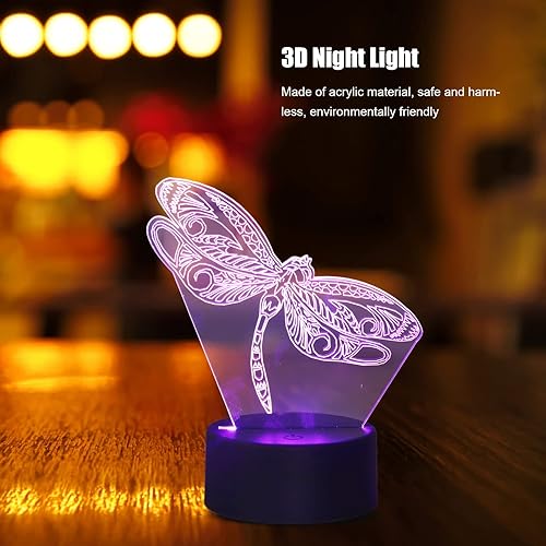 Miniatura 2 de Luz nocturna 3D con ilusión 3D, 7 cambios de color, acrílico transparente, libélula 3D, luz nocturna LED para dormitorio, regalo de cumpleaños,